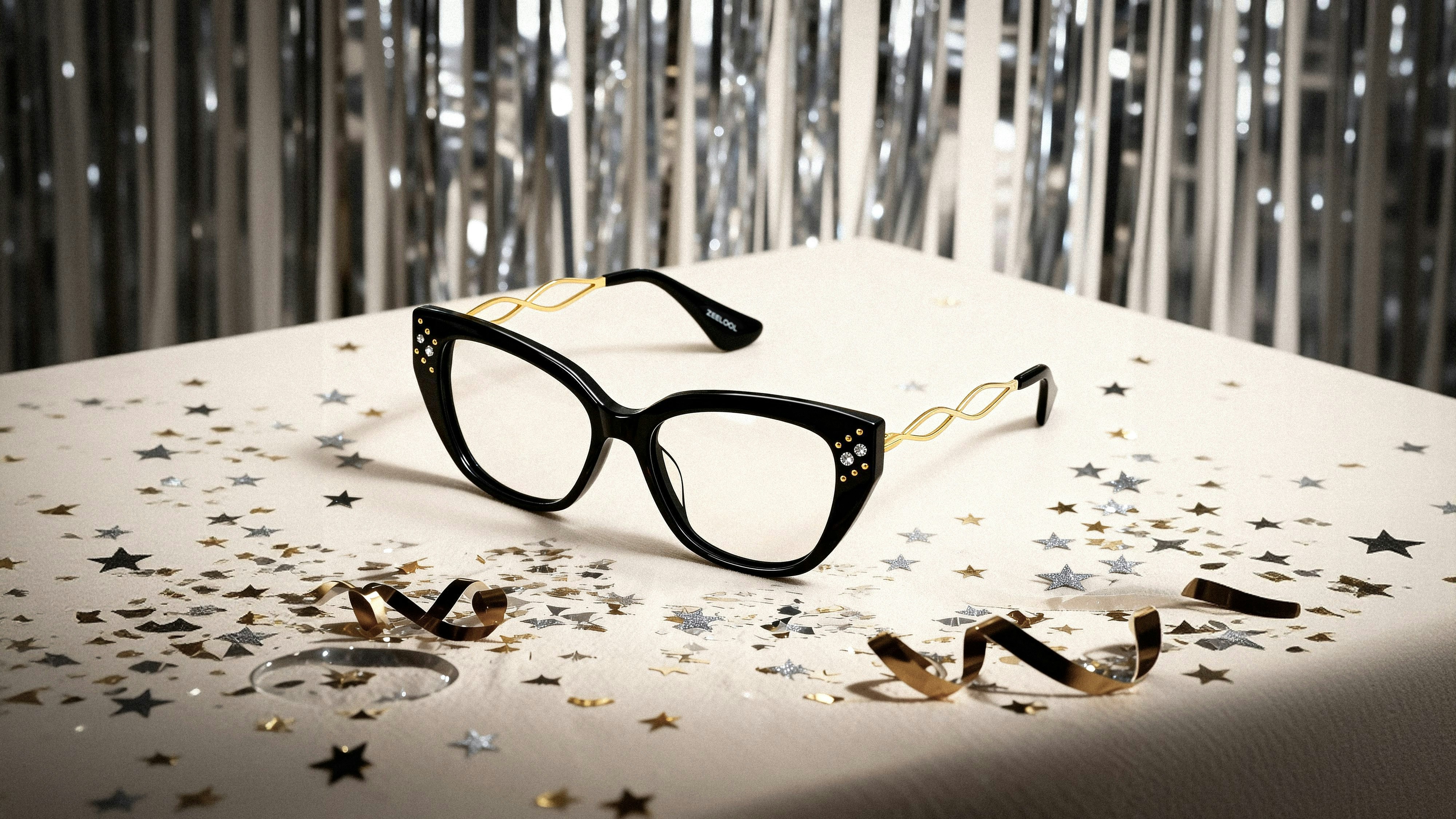 Stylish black glasses with gold accents on table
