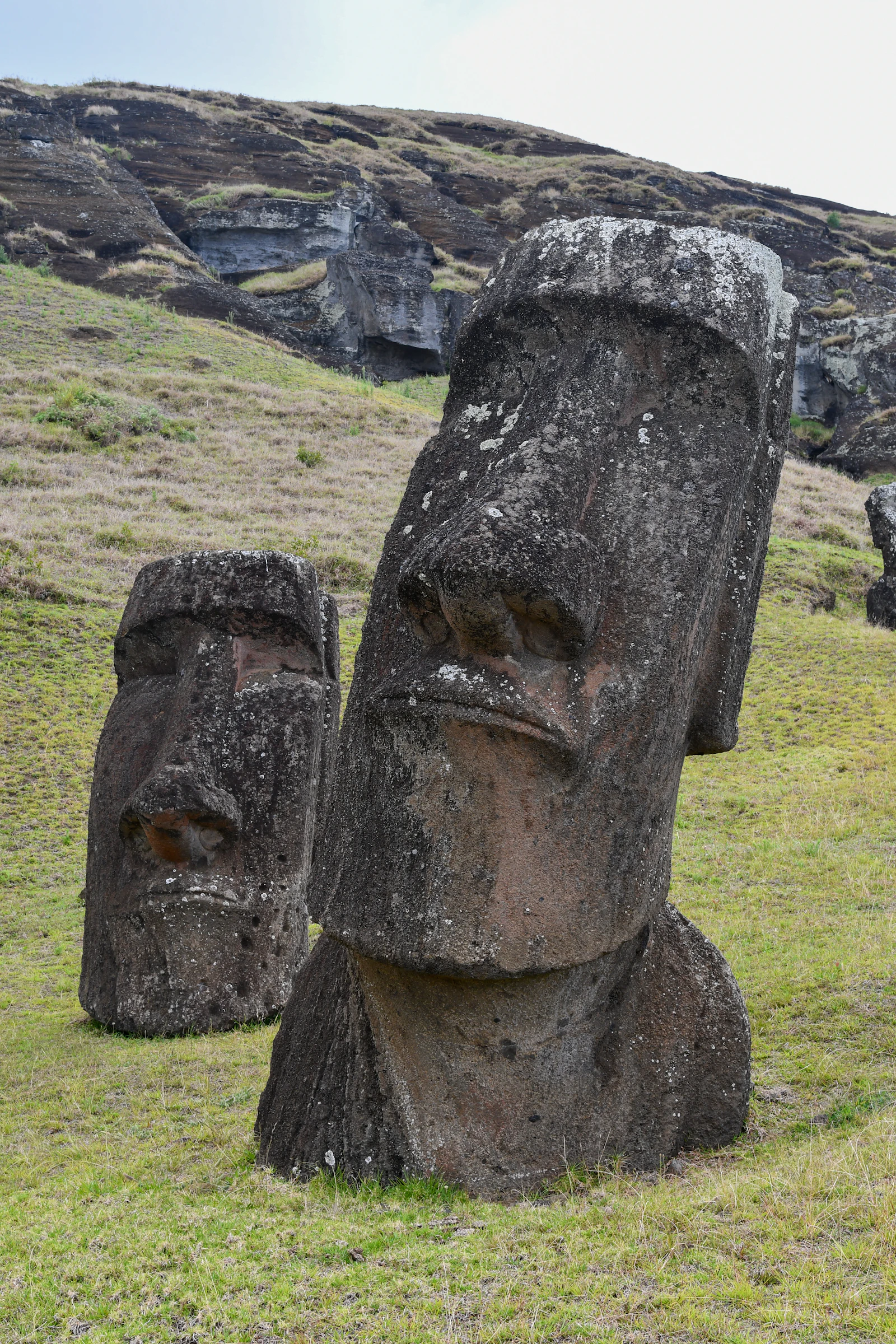 Two moai heads on the slopes of Rano Raraku