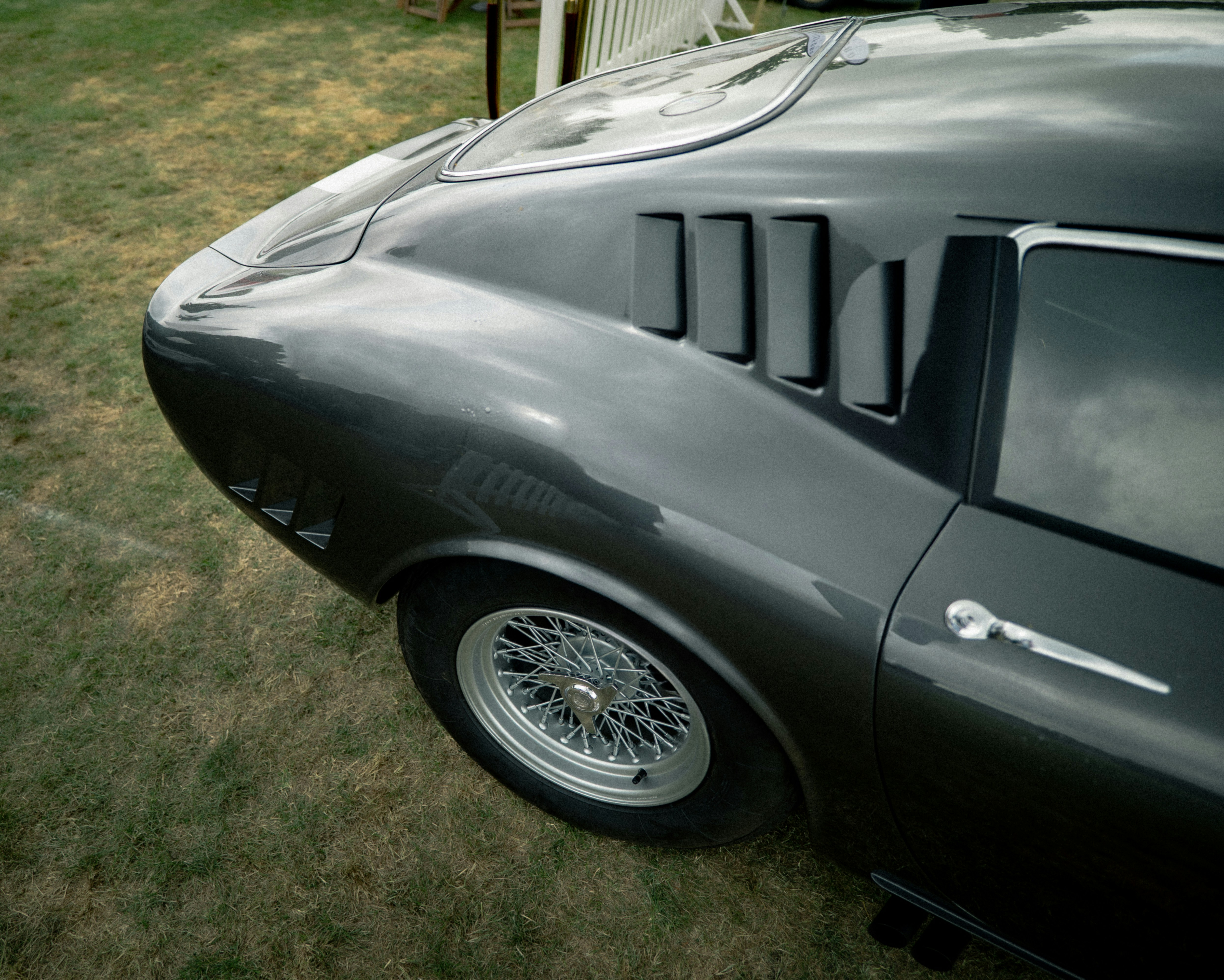 Close-up of a vintage dark gray sports car