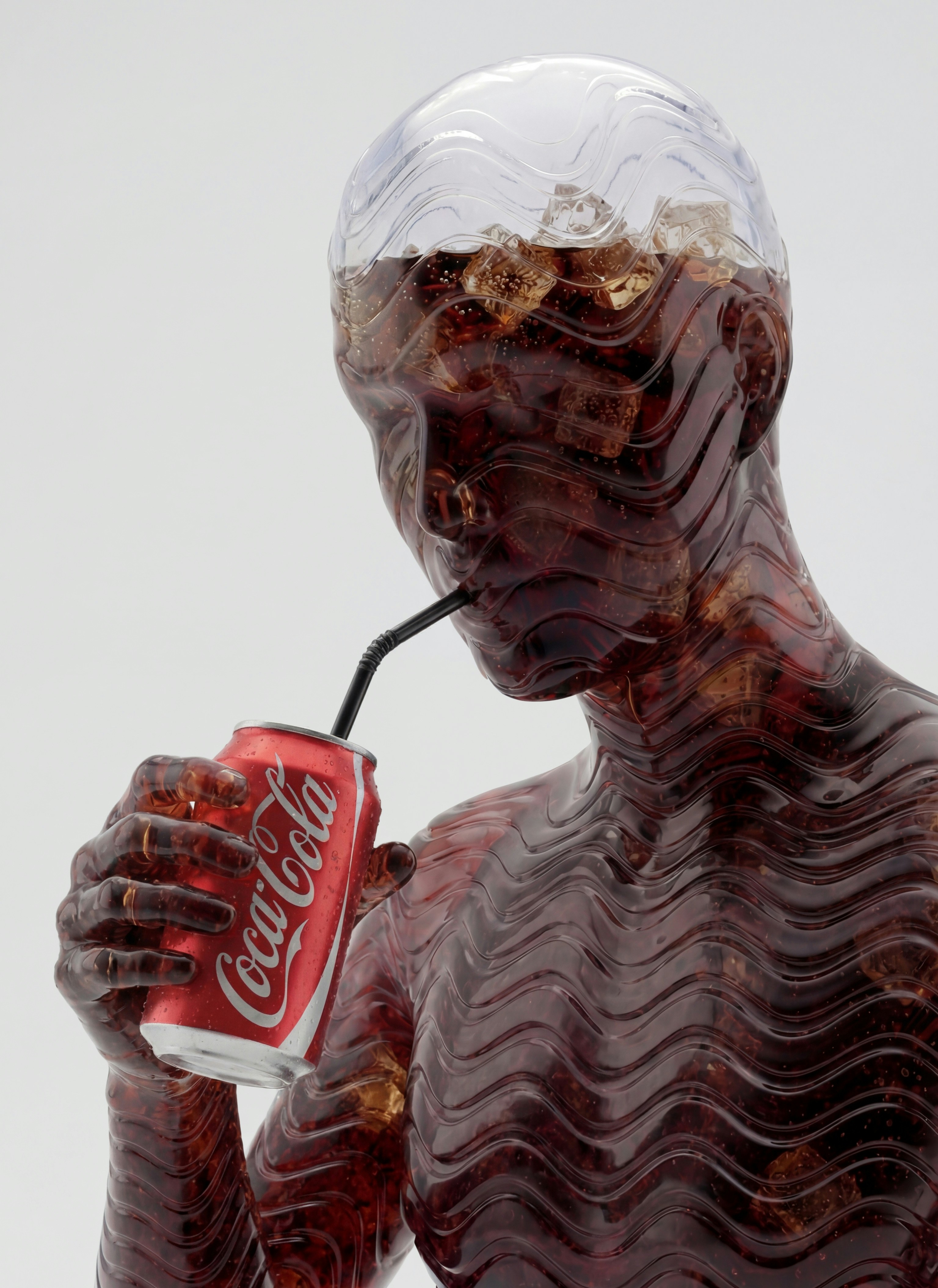Man made of coca-cola drinking from a can