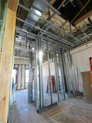 Metal framing installed for interior walls during construction