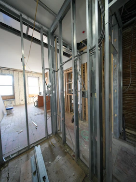 Interior framing and wiring during construction renovation.