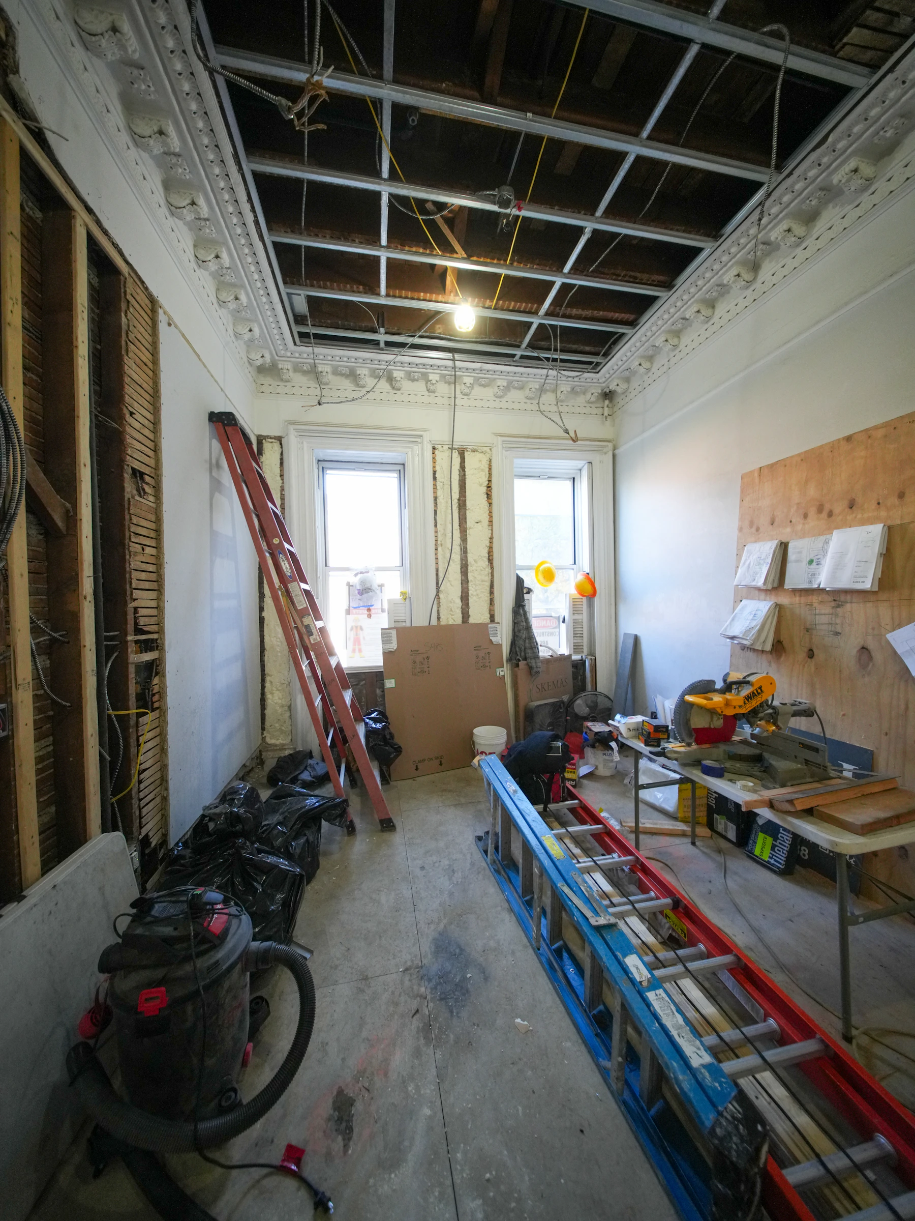 Interior renovation execution with tools and active site work
