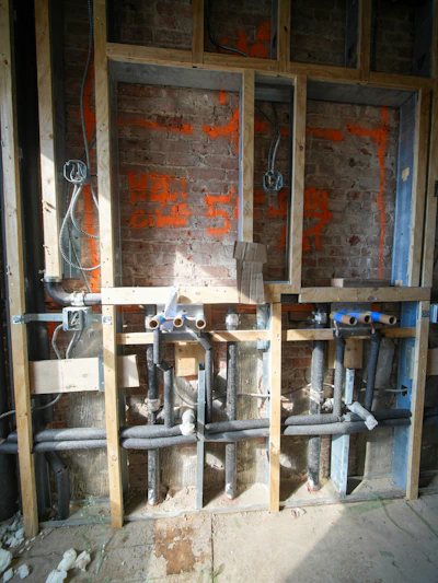 Plumbing and electrical work inside a wall under construction.