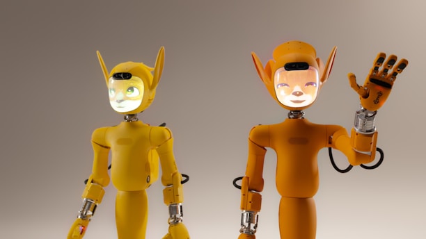 Two robots, one yellow and one orange, stand side-by-side.