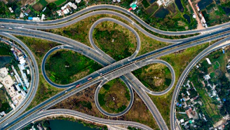 Aerial view of a complex highway interchange