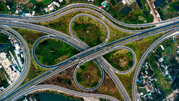 Aerial view of a complex highway interchange