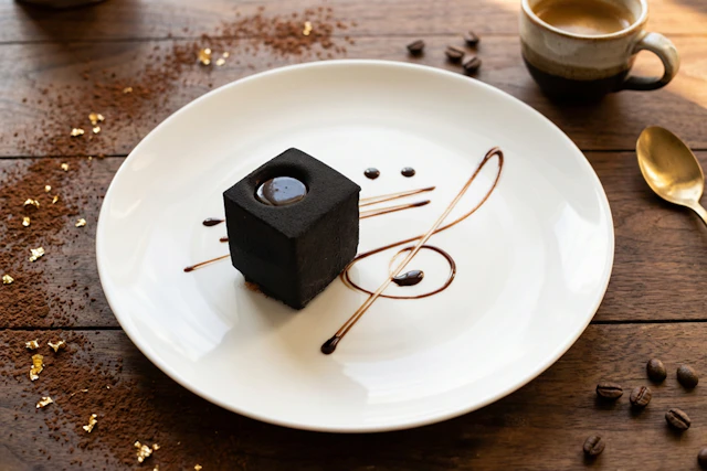 A dark chocolate cube on a white plate