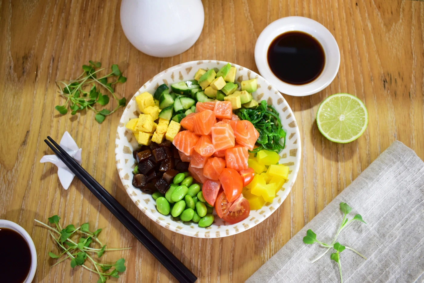 Miso salmon rice bowl with avocado cucumber and edamame