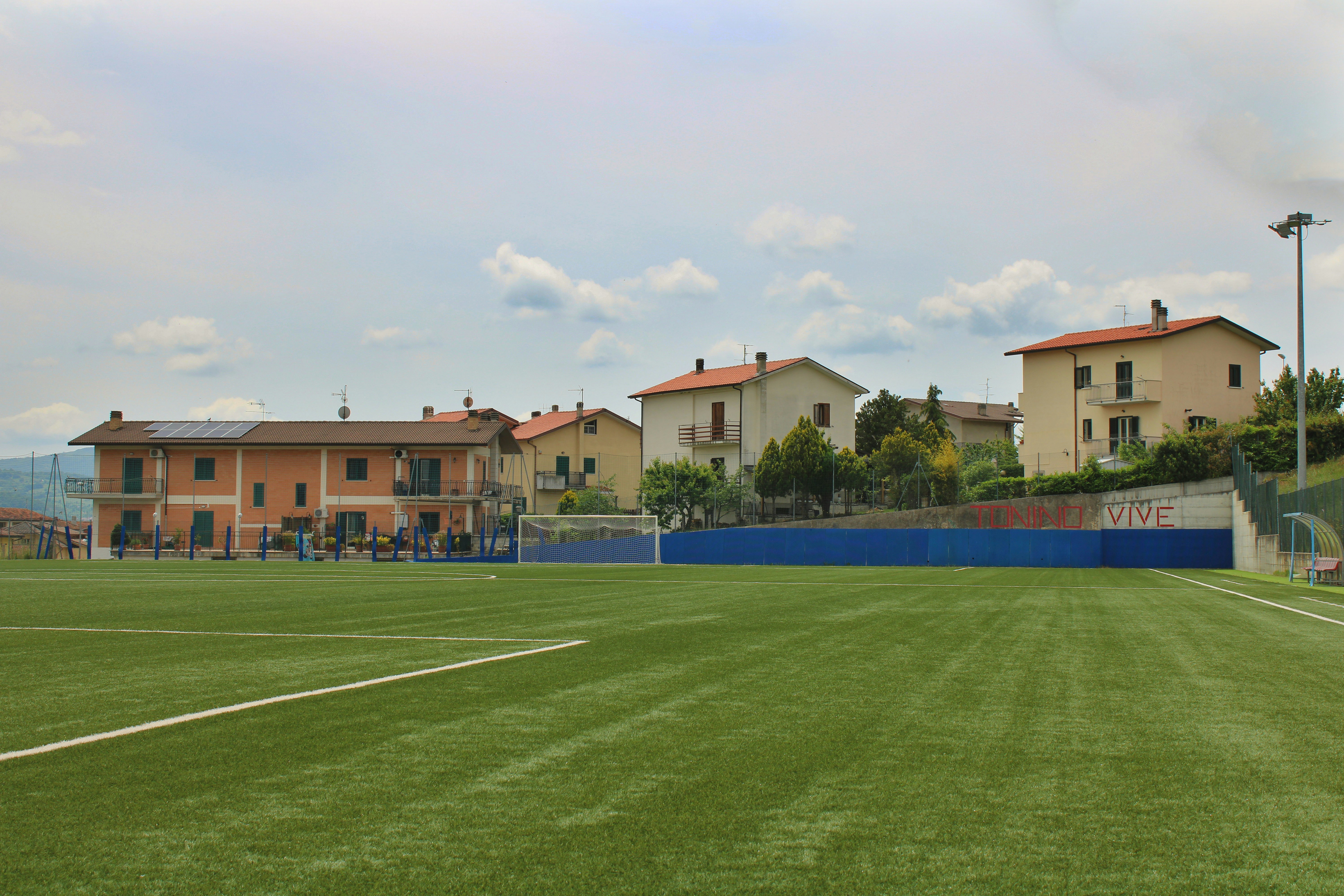 Green soccer field with buildings in the background.