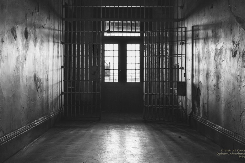A dark, empty prison hallway with cell doors open.