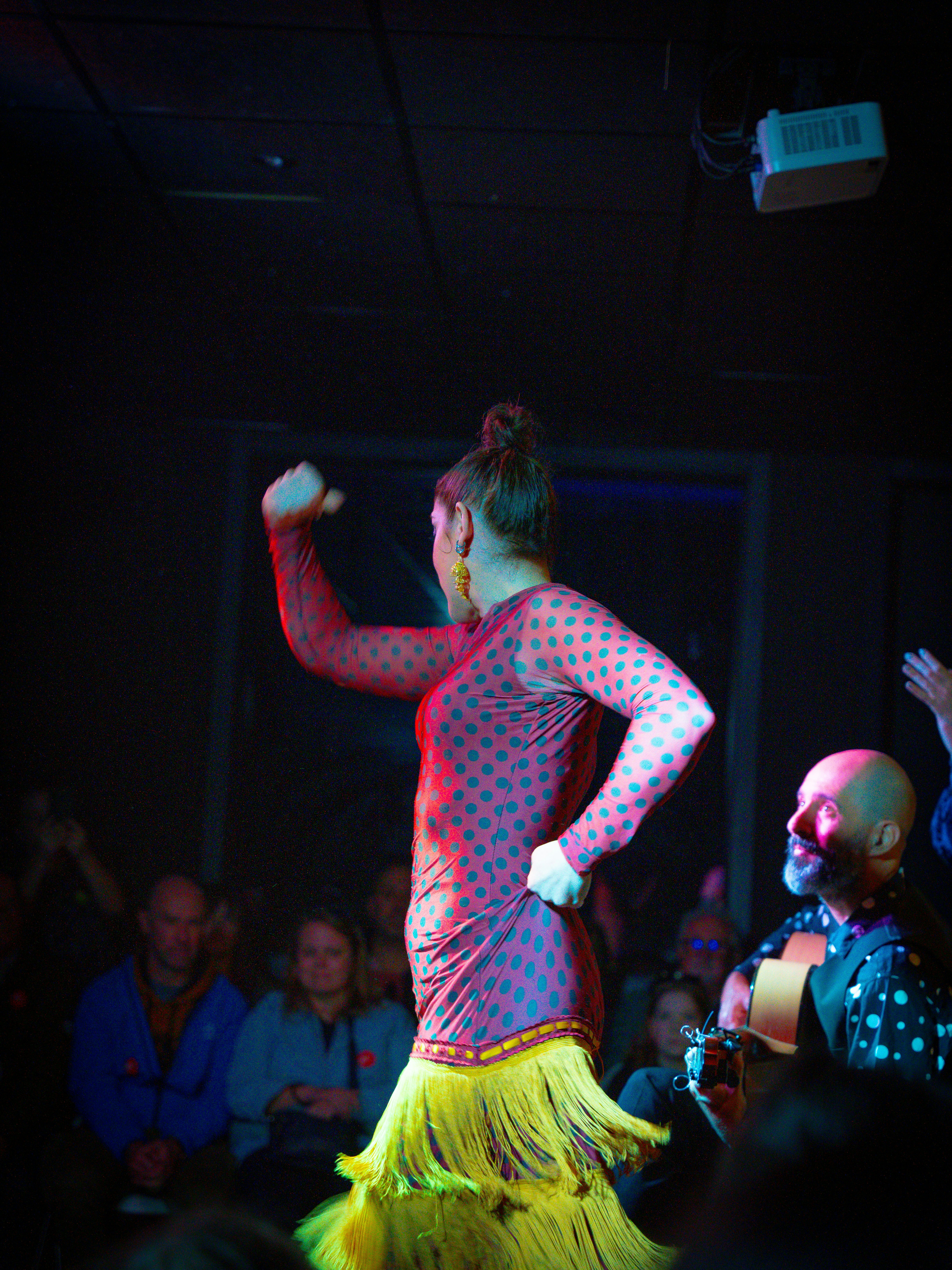 Flamenco dancer performs with guitarist in audience