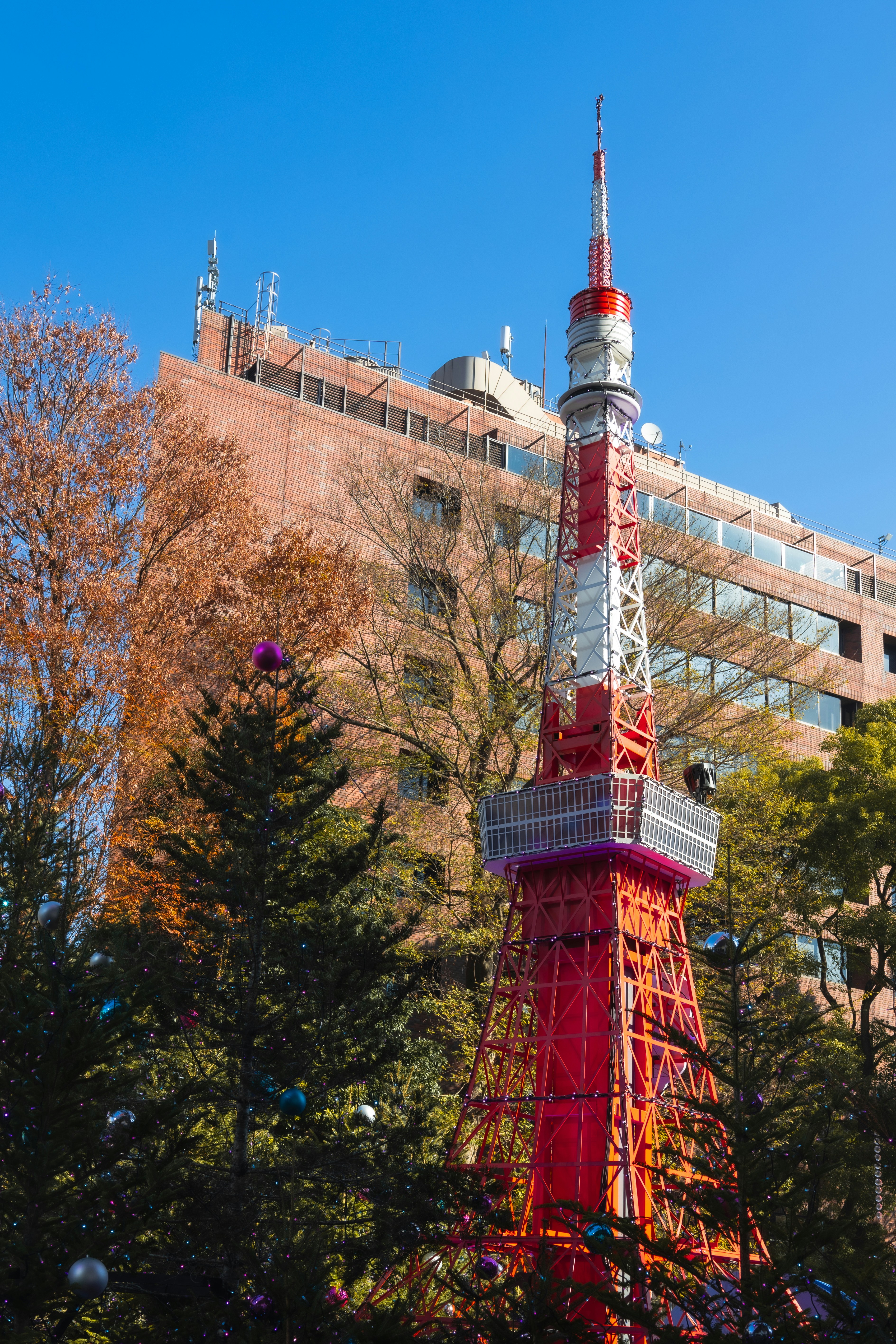 Red and white tower with trees and building