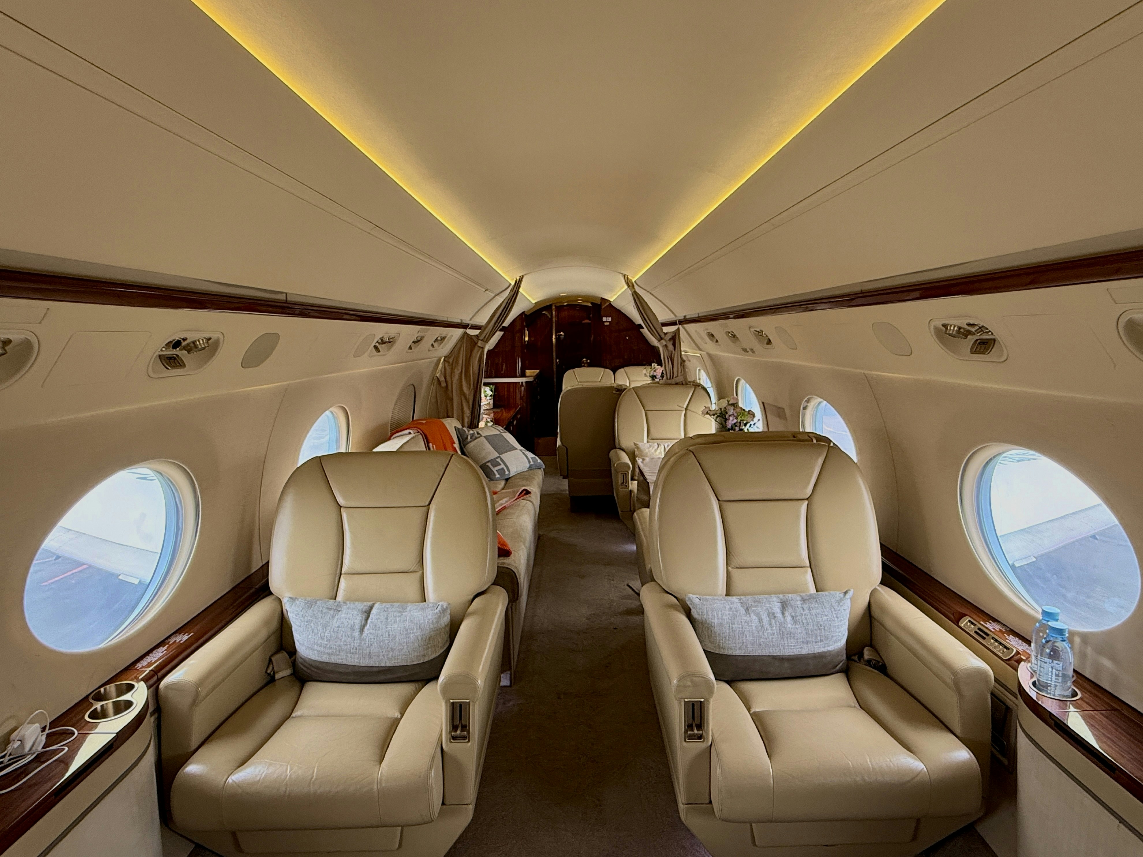 Luxurious interior of a private jet with comfortable seating.