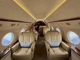 Luxurious interior of a private jet with comfortable seating.