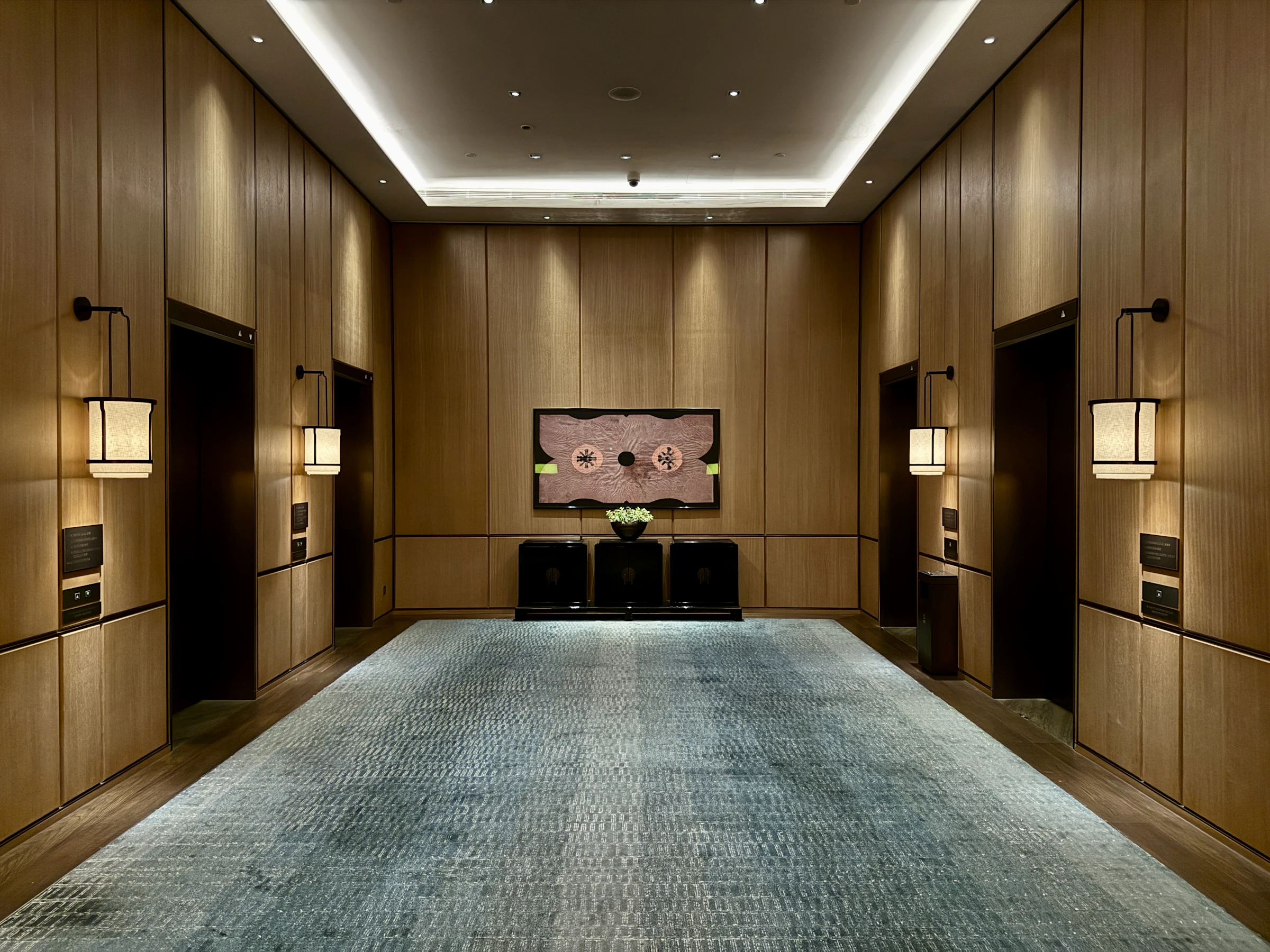 Modern hotel lobby with artwork