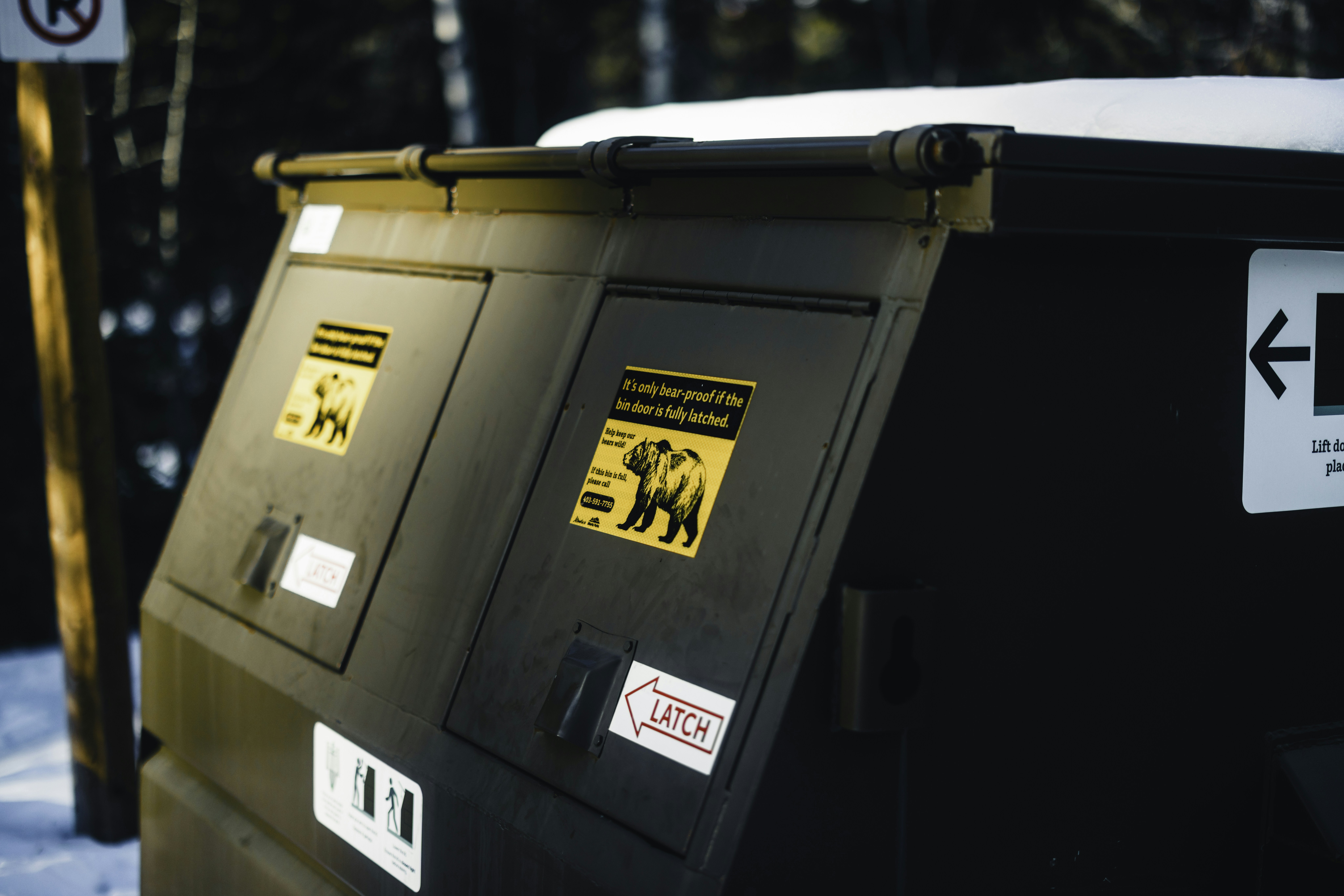 Black dumpster with bear warning signs in snowy forest.