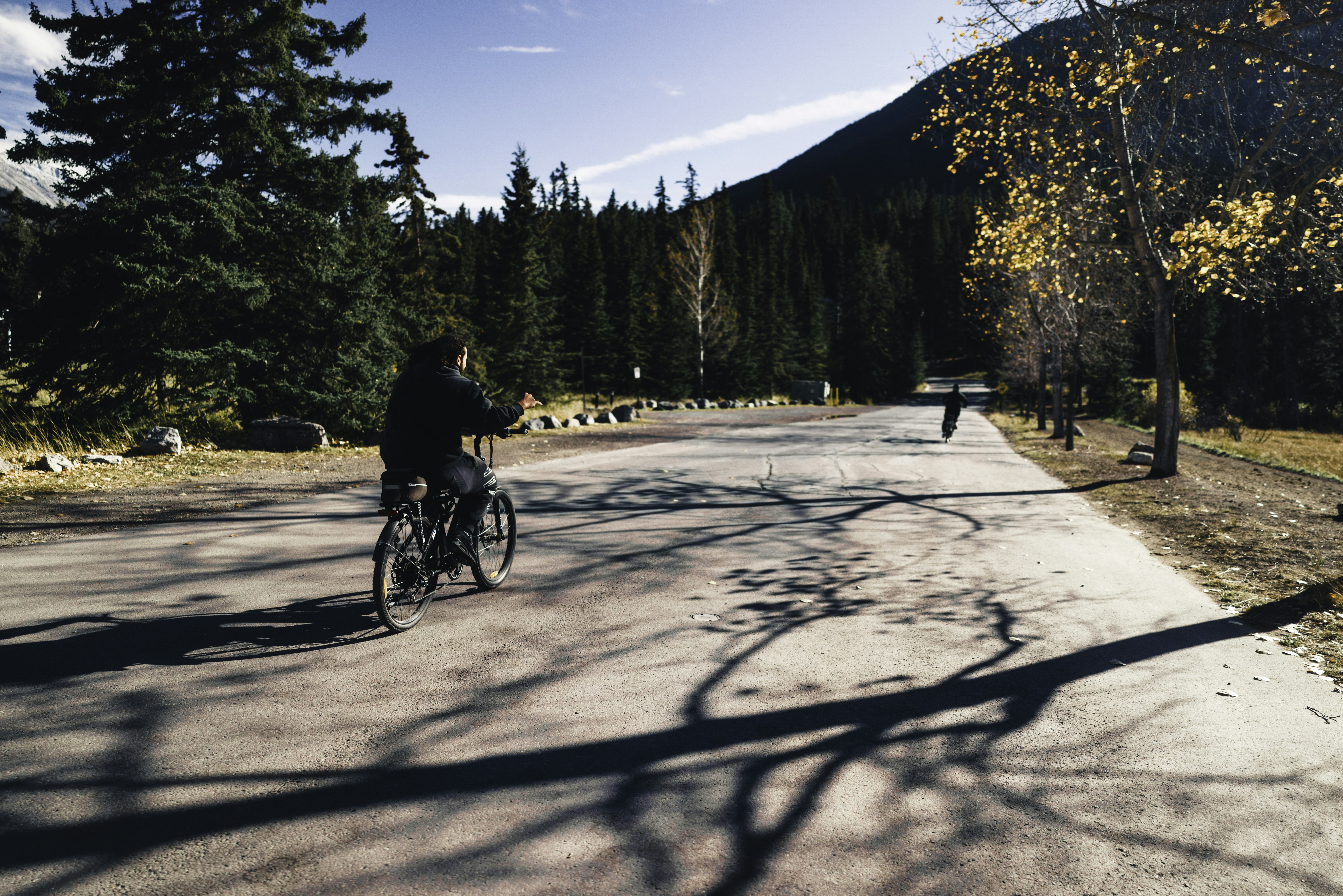 Person riding a bicycle on a sunny day.