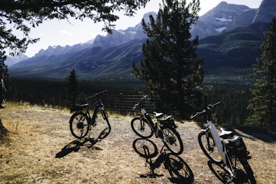 Four bicycles parked on a dirt path overlooking mountains.