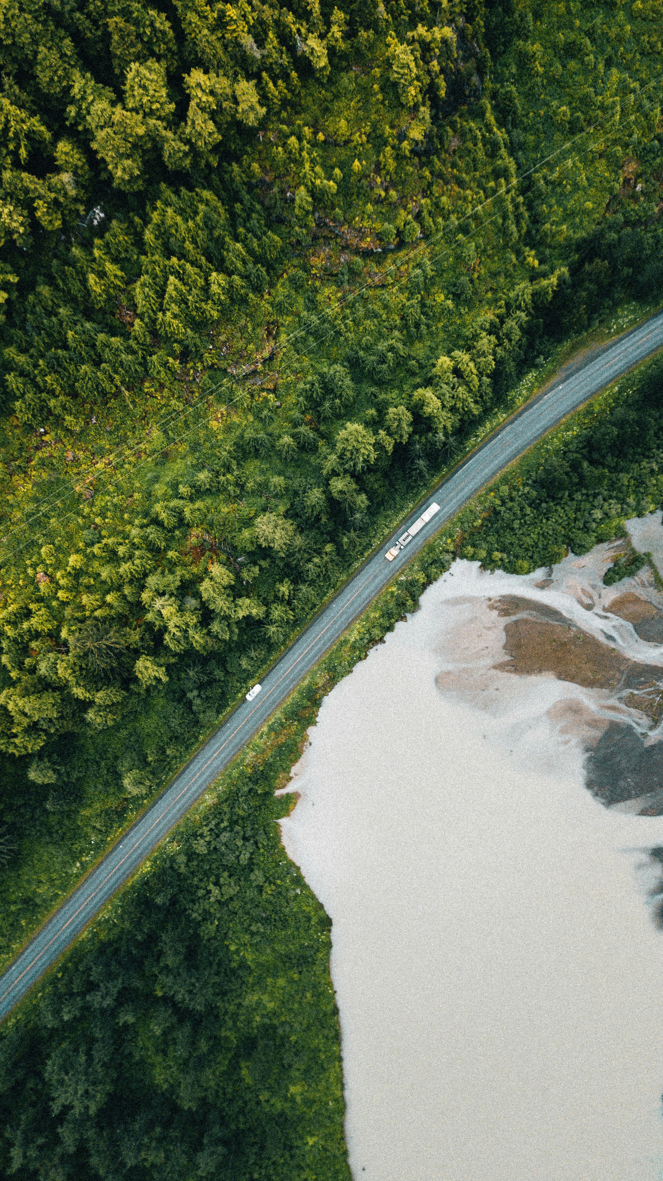 Aerial view of road through forest next to river