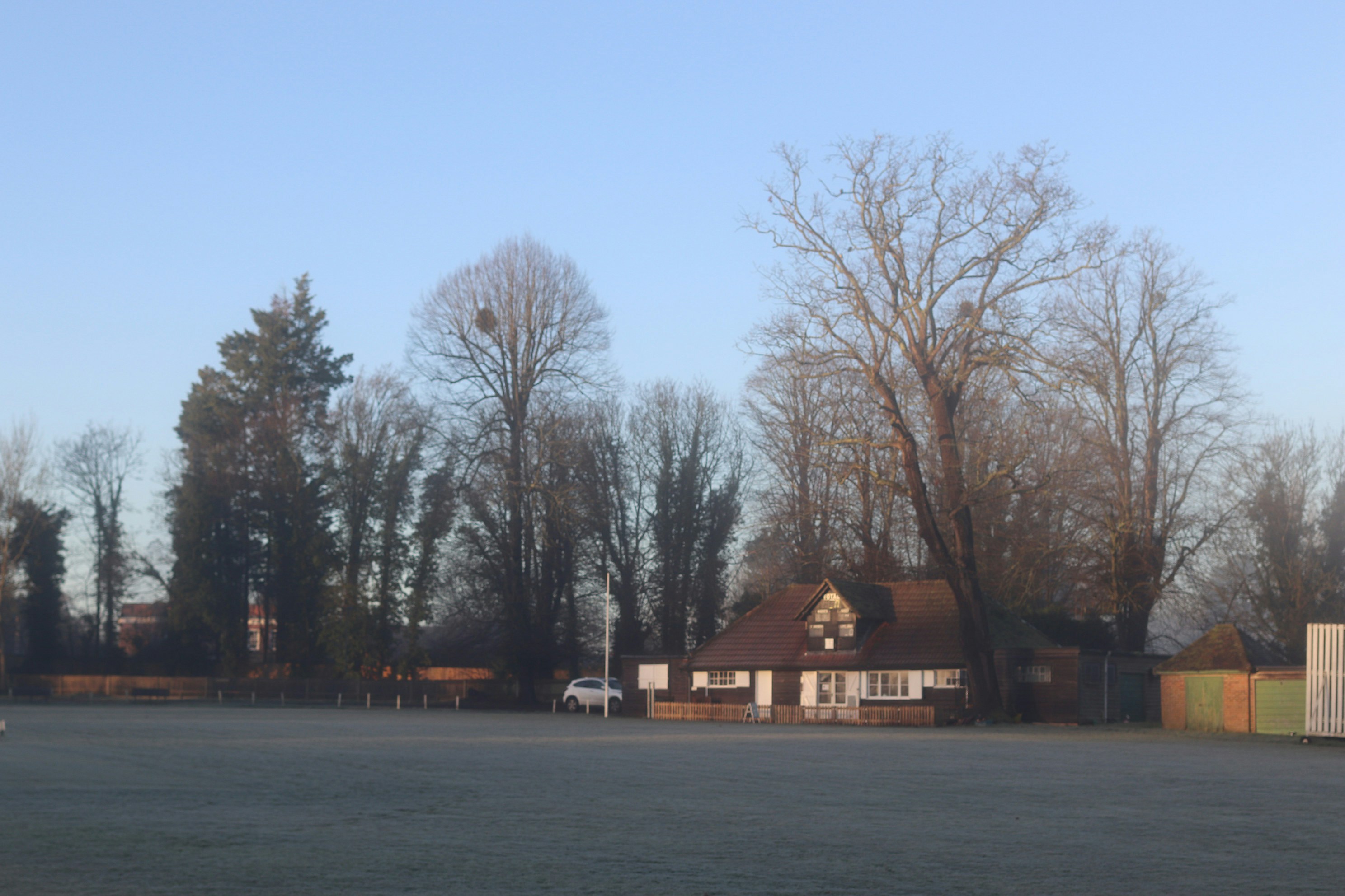 A house nestled among bare trees on a frosty morning