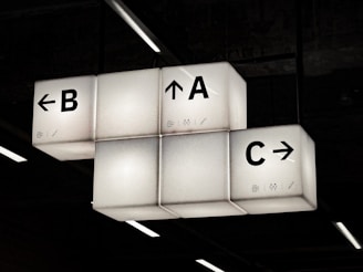 Illuminated directional signs point to a, b, and c.
