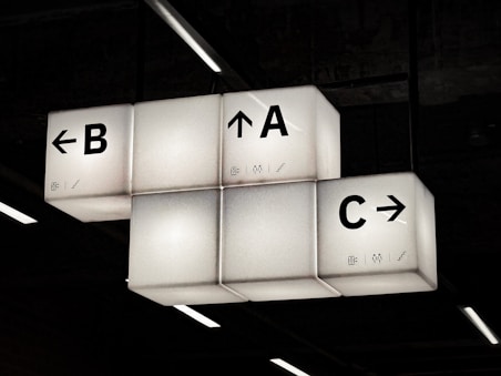 Illuminated directional signs point to a, b, and c.