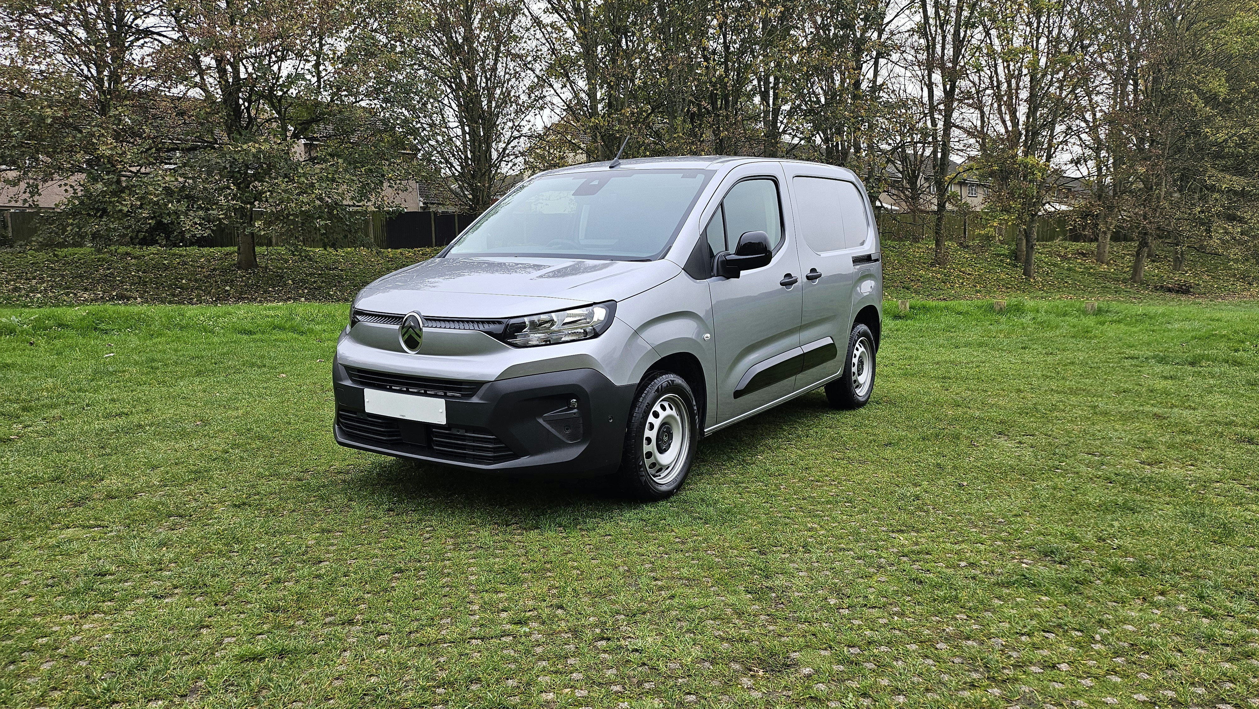 Silver cargo van parked on grassy area