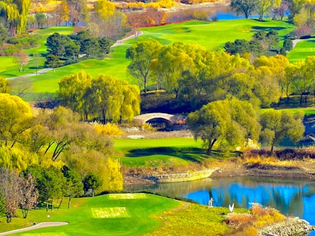 Autumn golf course with colorful trees and a bridge.