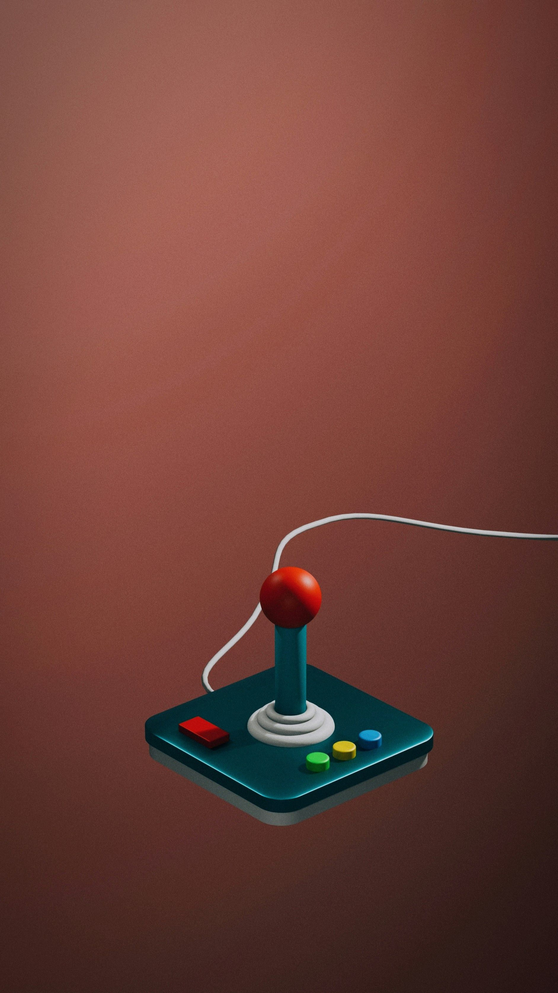 Retro joystick with colorful buttons on a glossy surface