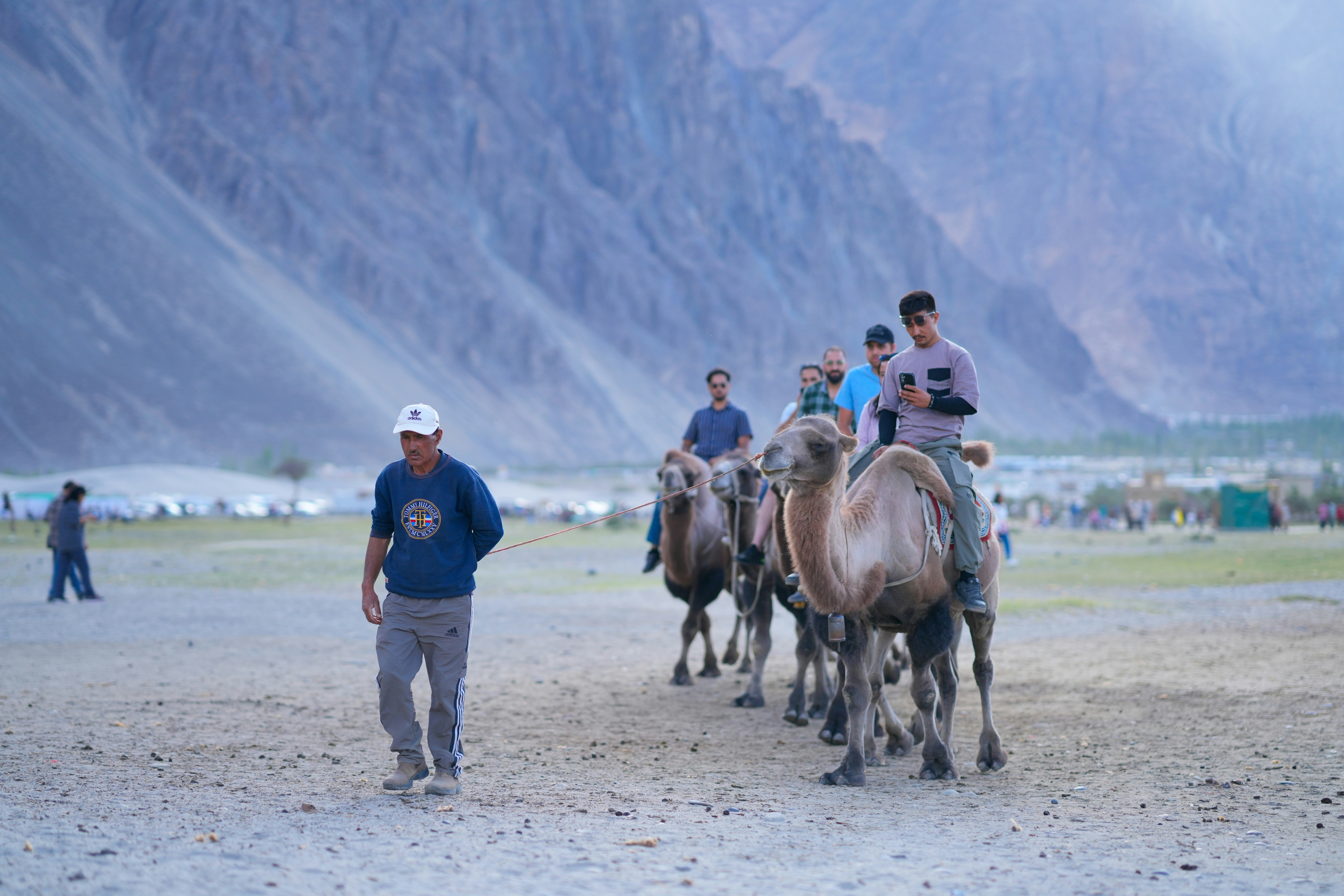 People riding camels with mountains in the background
