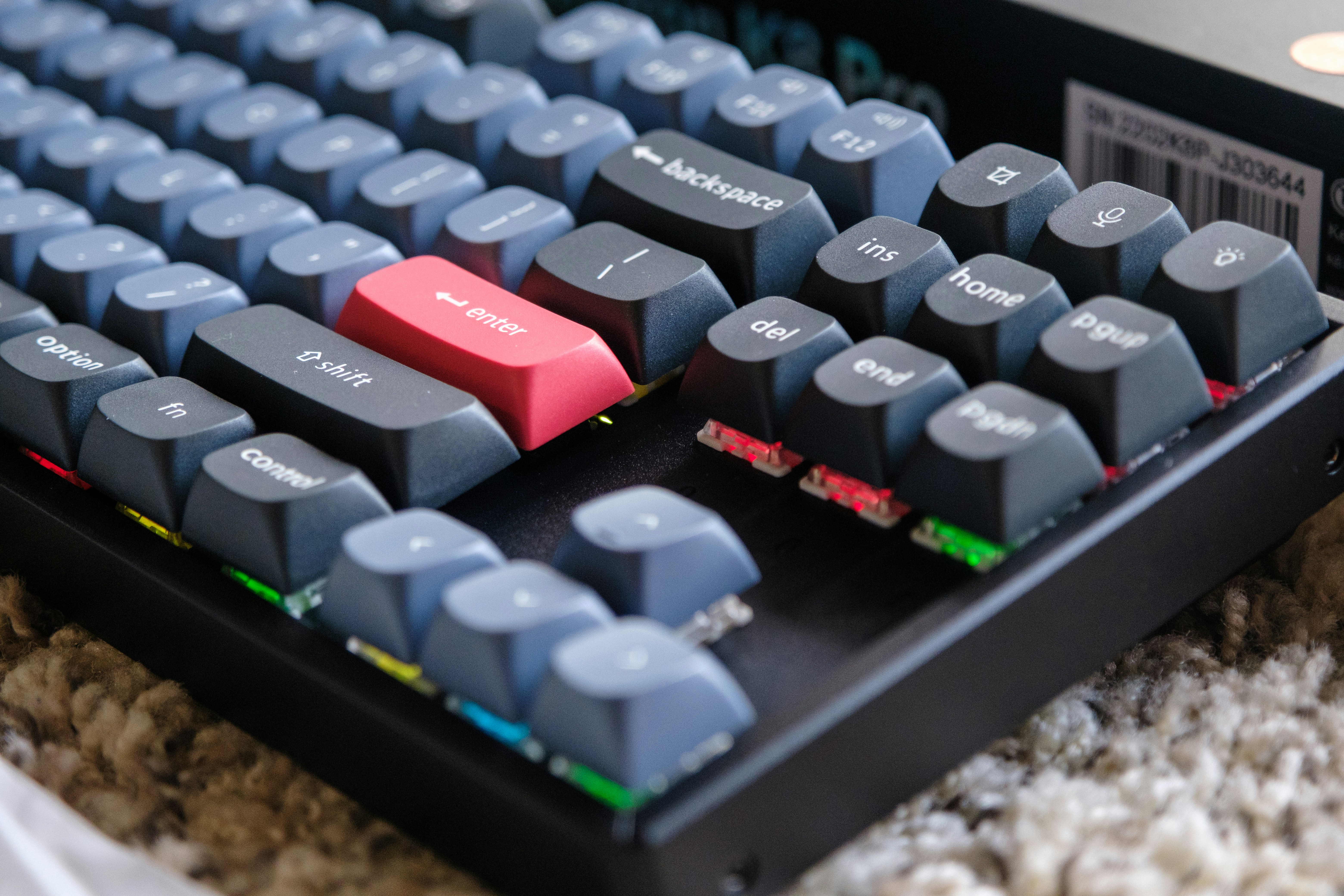 Close-up of a mechanical keyboard with grey keycaps