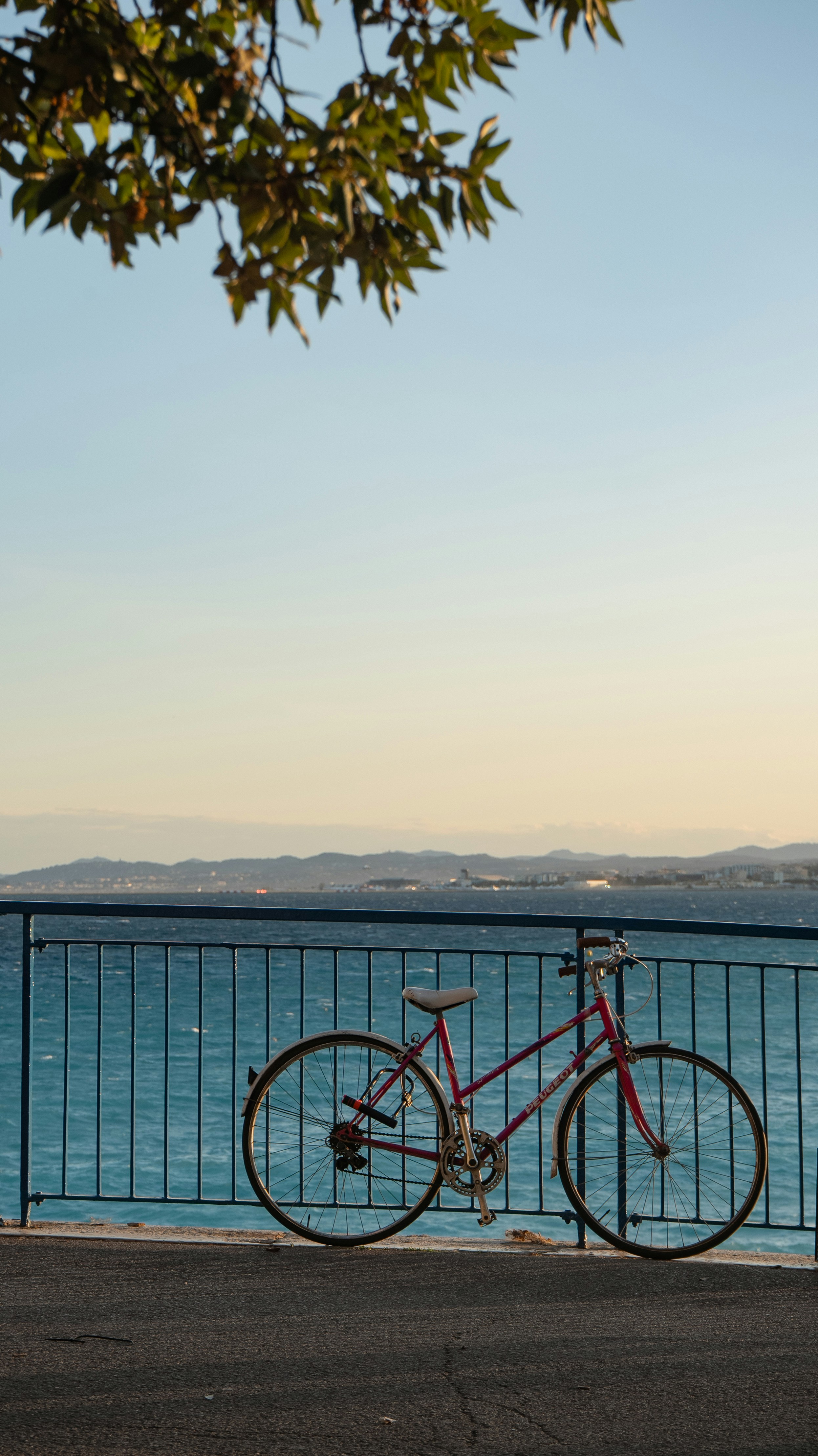 A red bicycle parked by the ocean railing.
