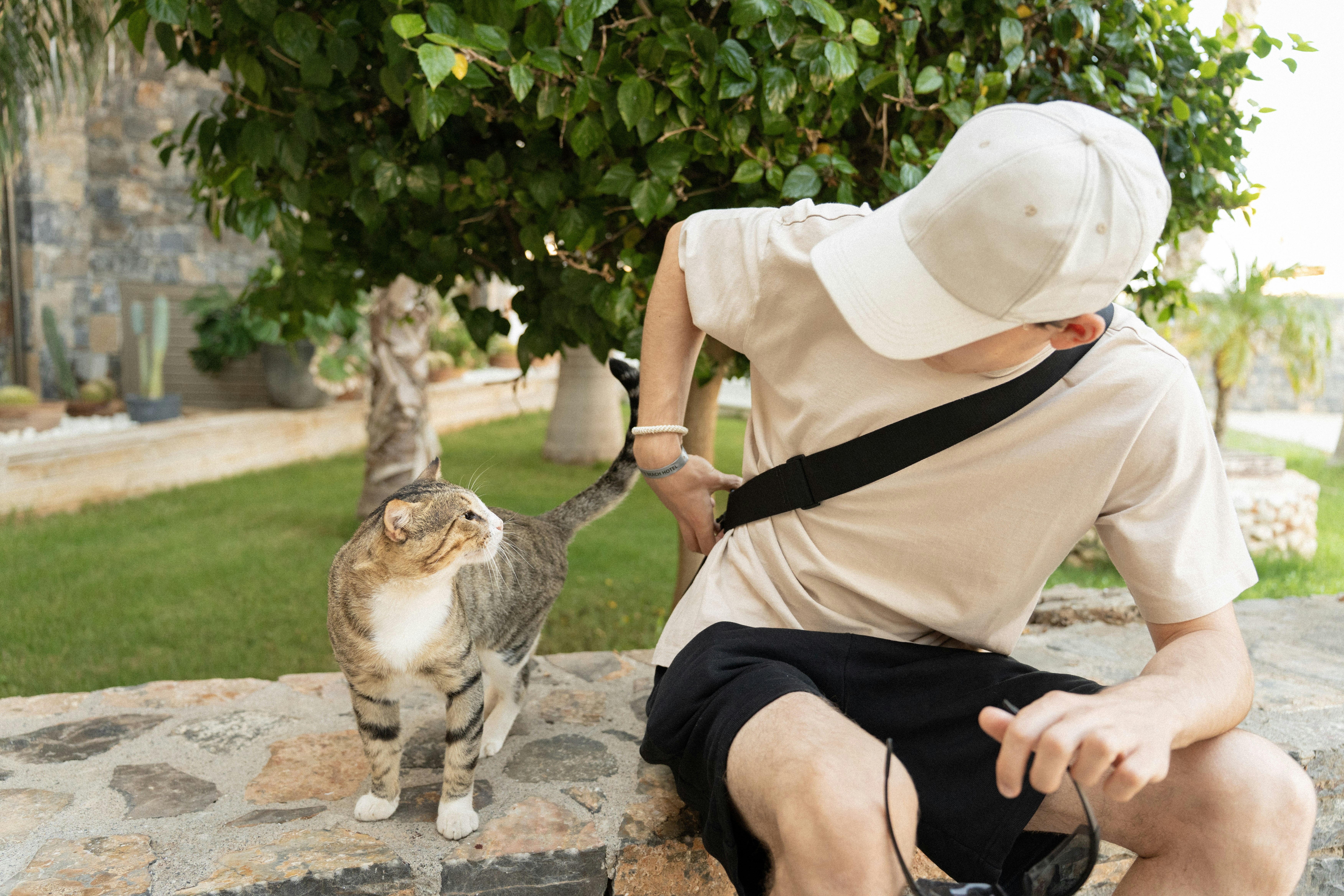 Un joven con sombrero interactúa con un gato.