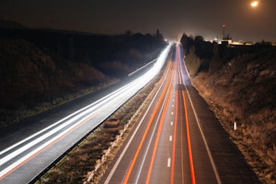 Light trails on a highway at night.