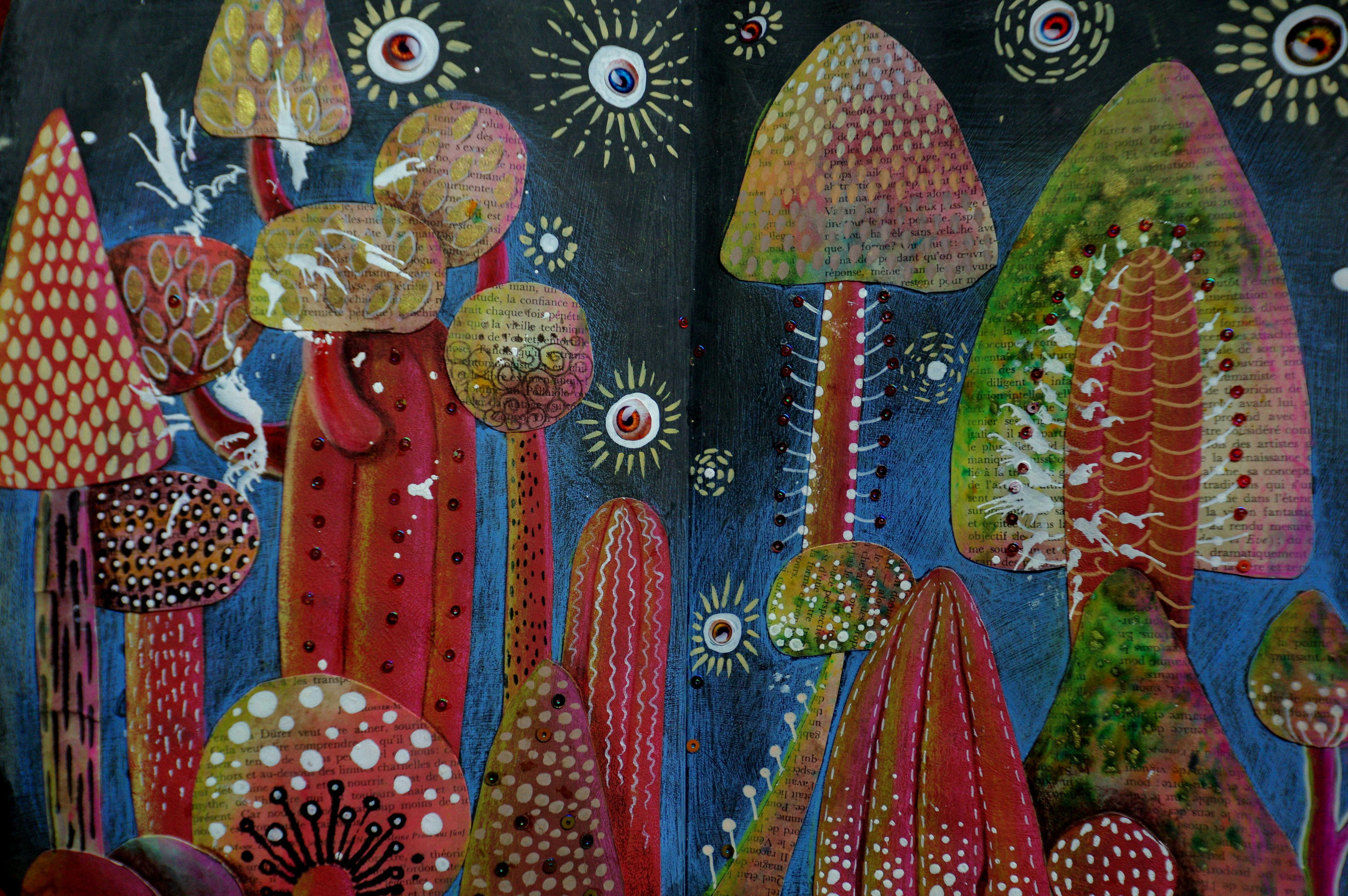 Whimsical, colorful mushrooms in a dark, starry forest