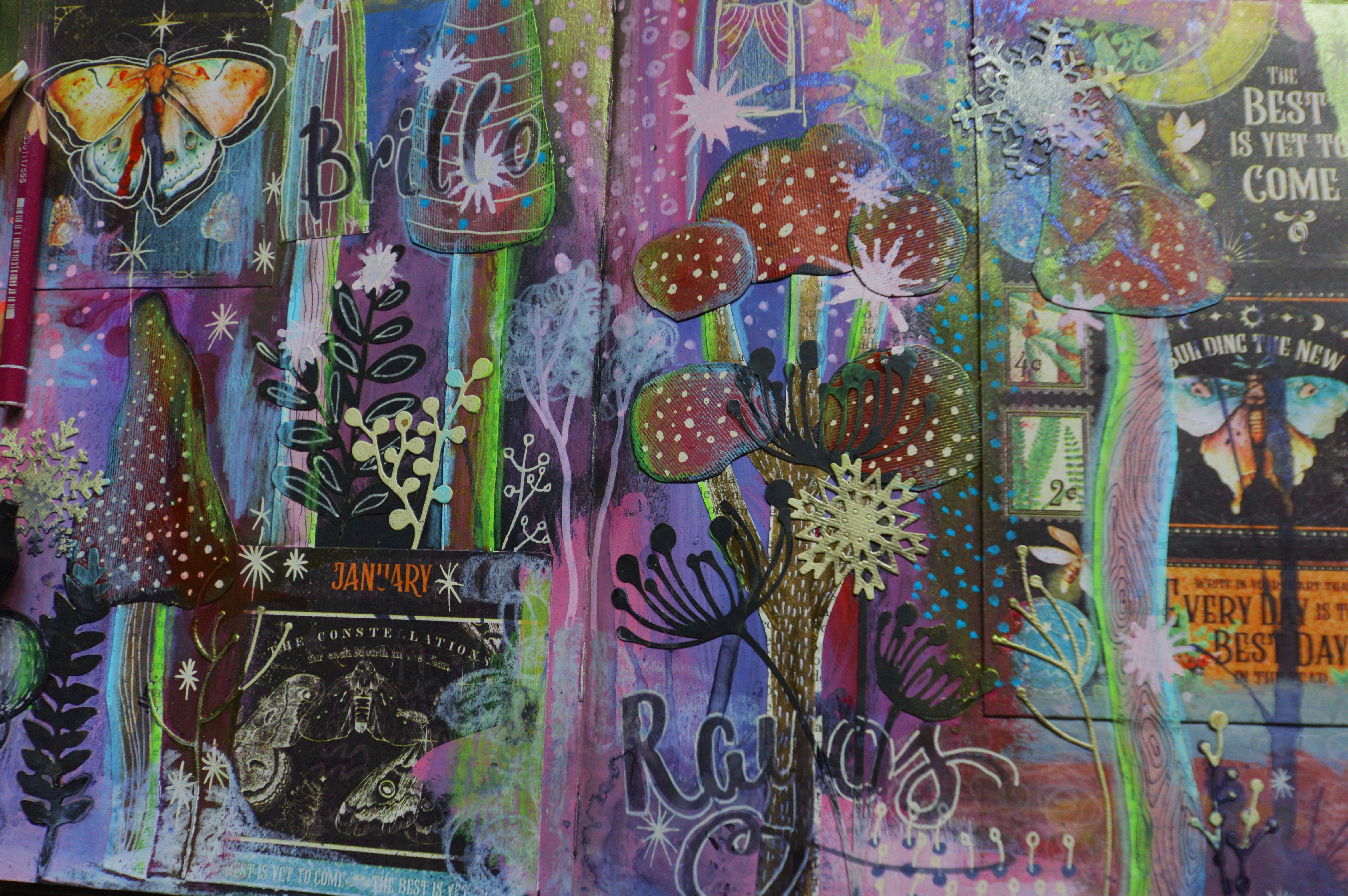 Colorful abstract art with mushrooms and butterflies