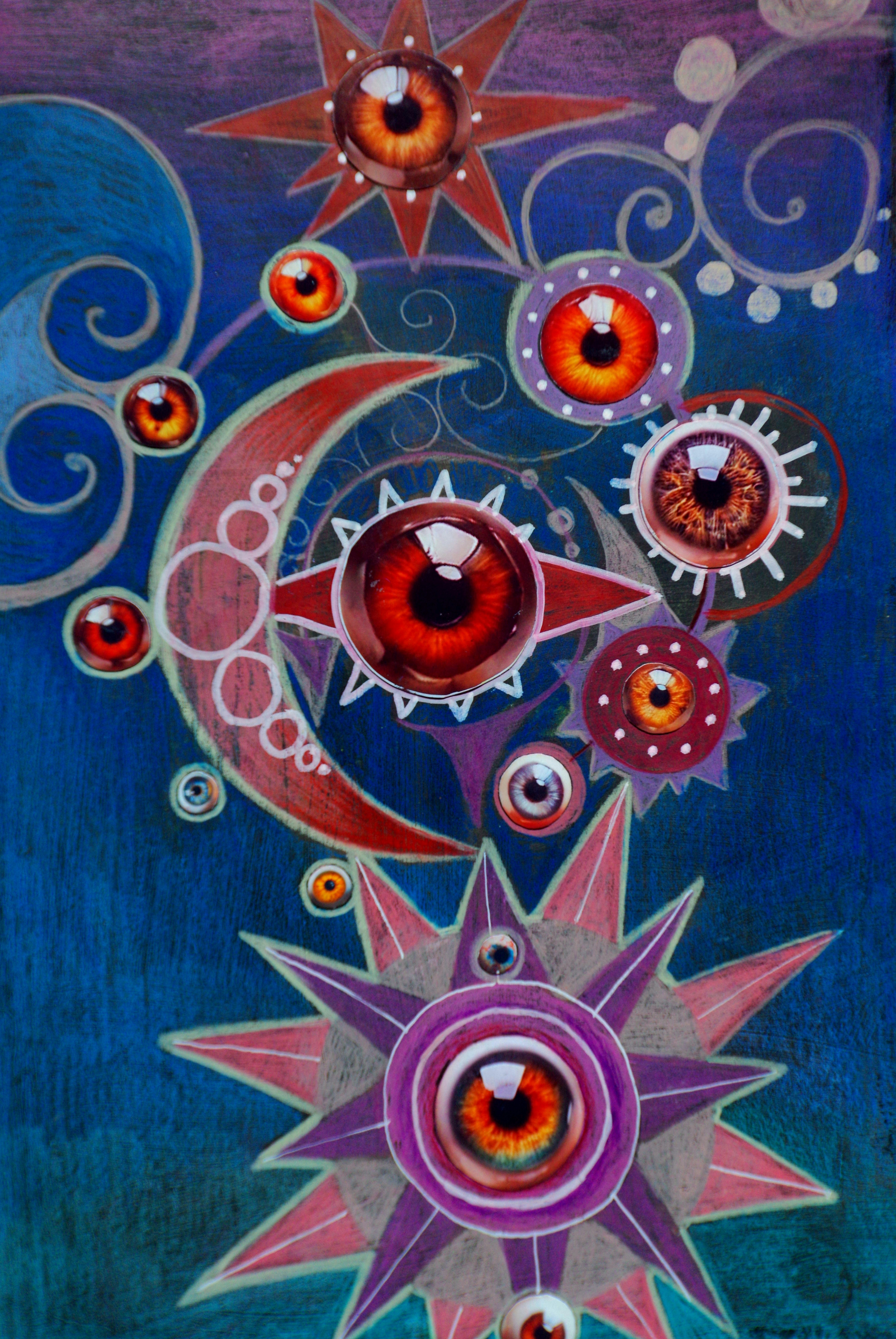 Abstract celestial art with eyes and crescent moon