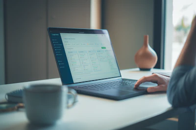 Person working on a laptop at a desk.