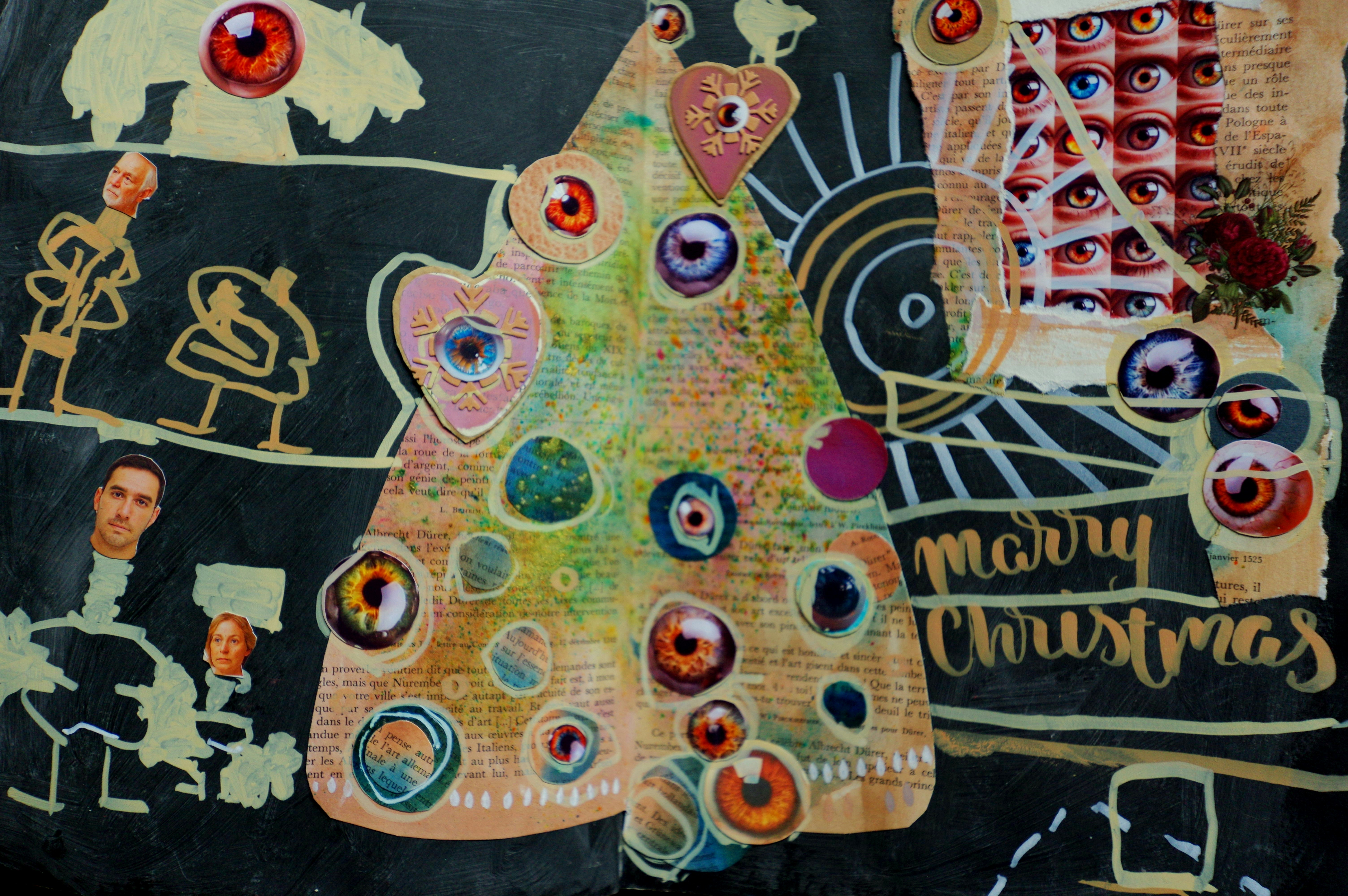 Abstract christmas tree with eyes and text