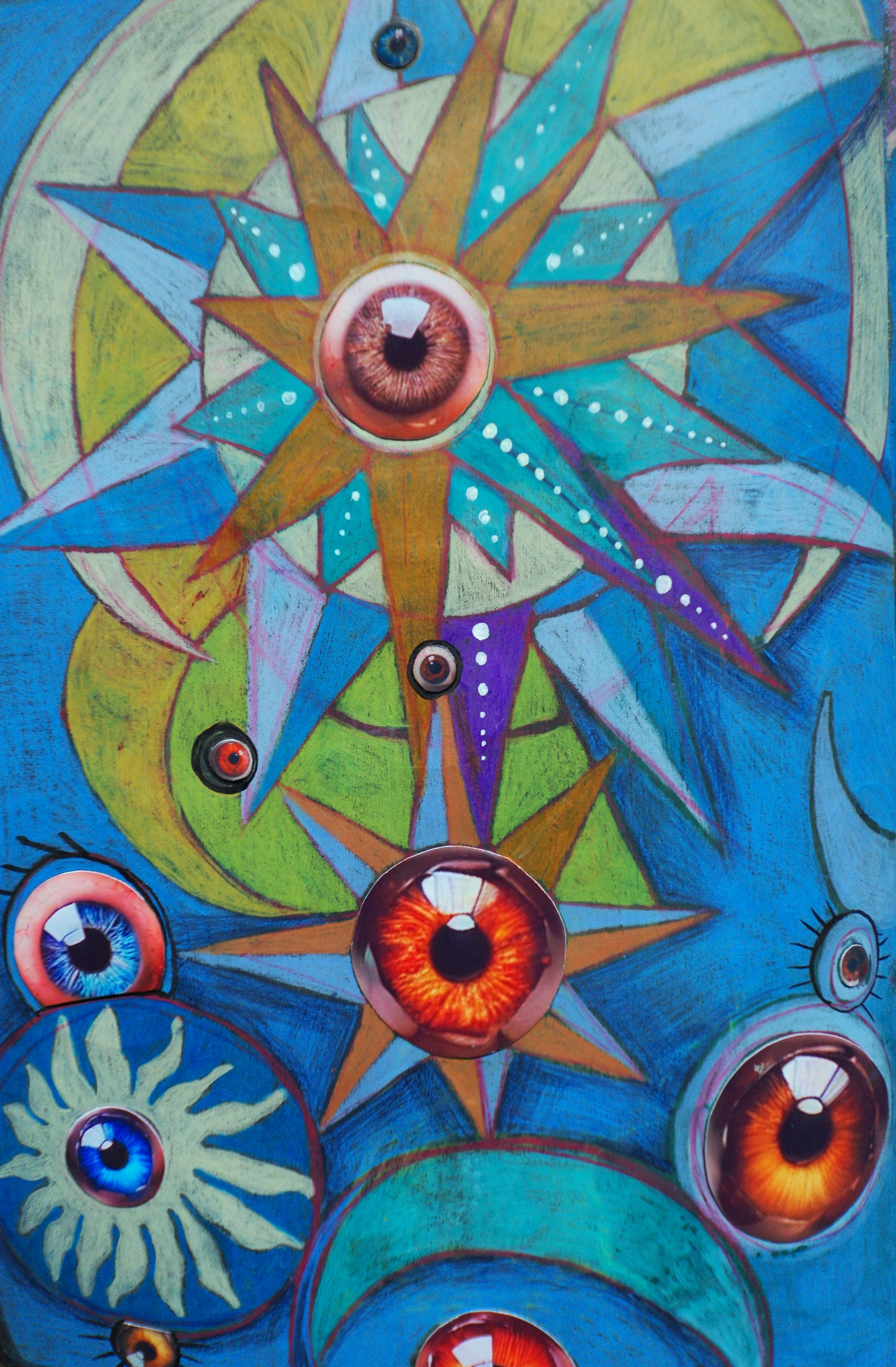 Abstract art with multiple eyes and starbursts