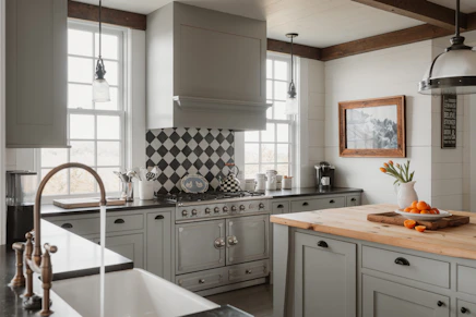 A modern farmhouse kitchen with gray cabinets and island
