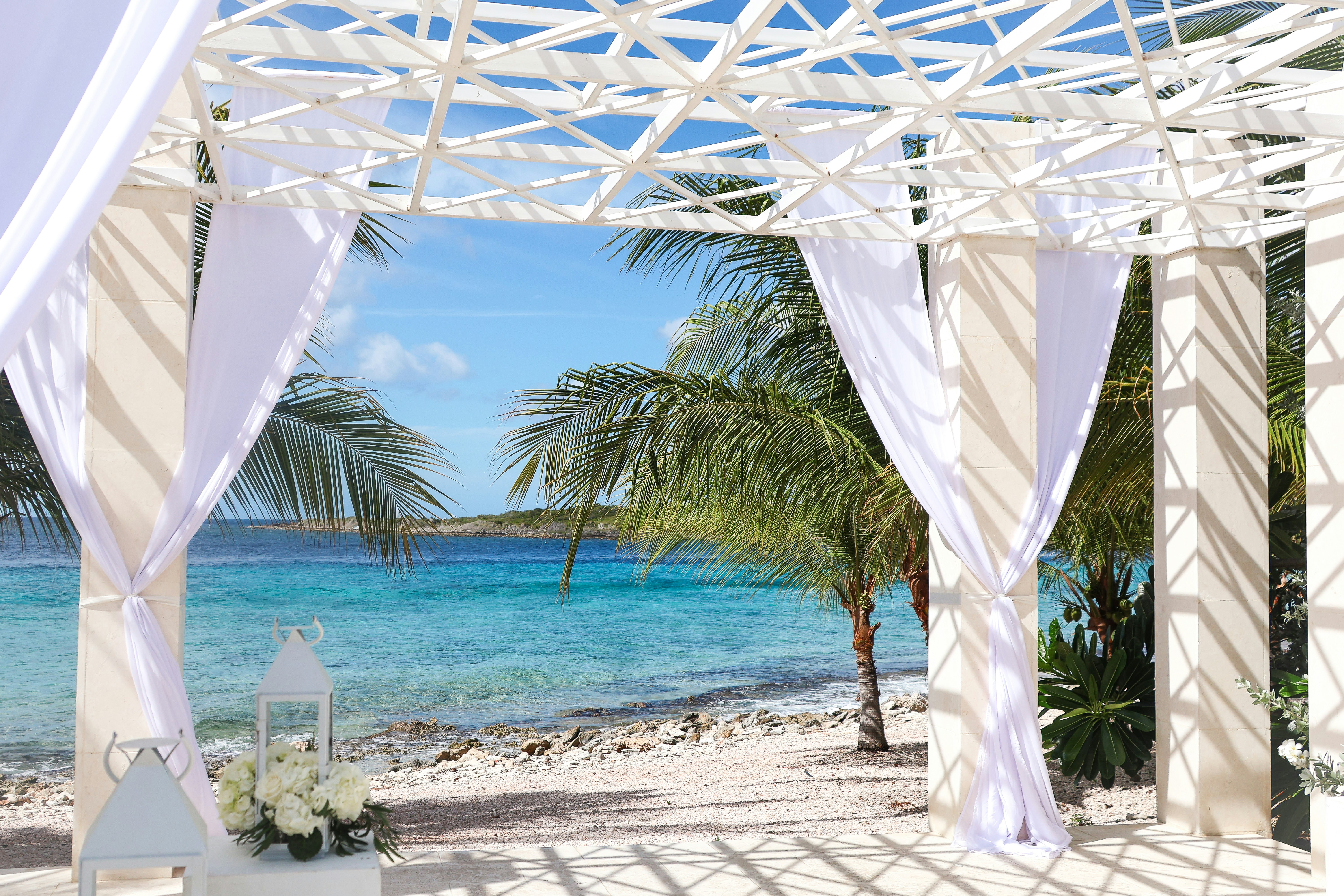 Tropical wedding arch overlooking turquoise ocean and beach.
