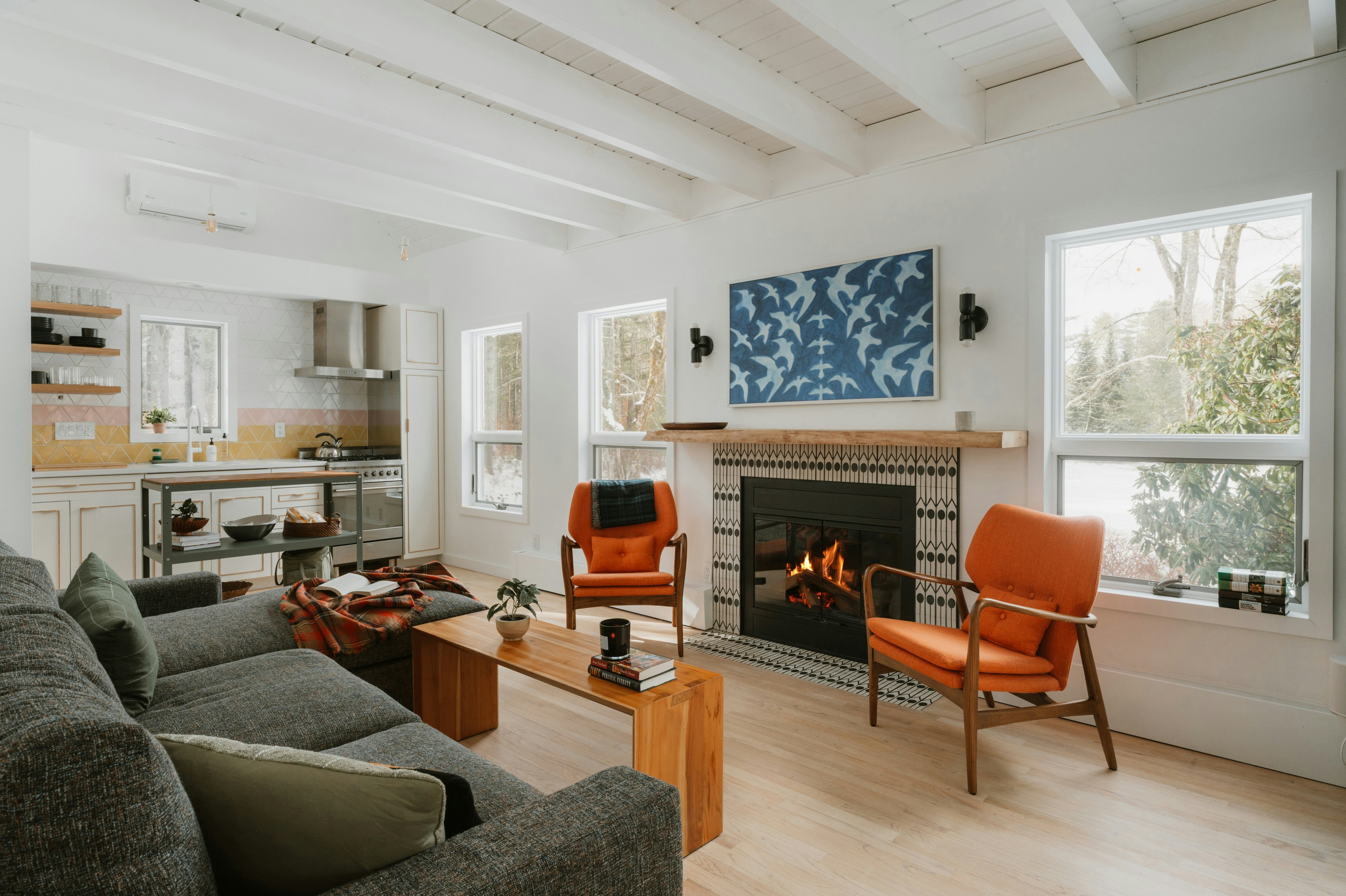 Cozy living room with fireplace and modern furniture