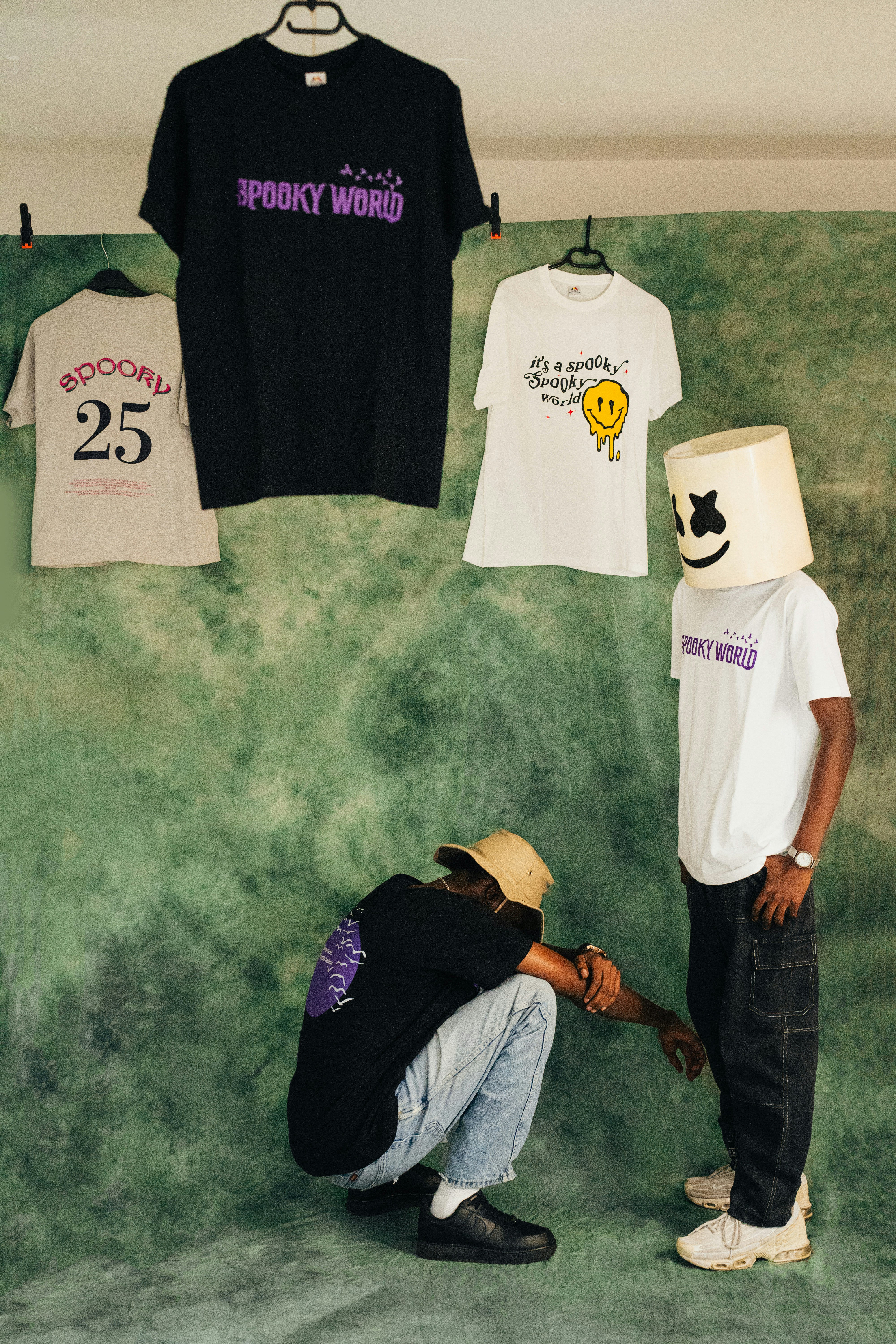 Event promotional setup with branded t-shirts