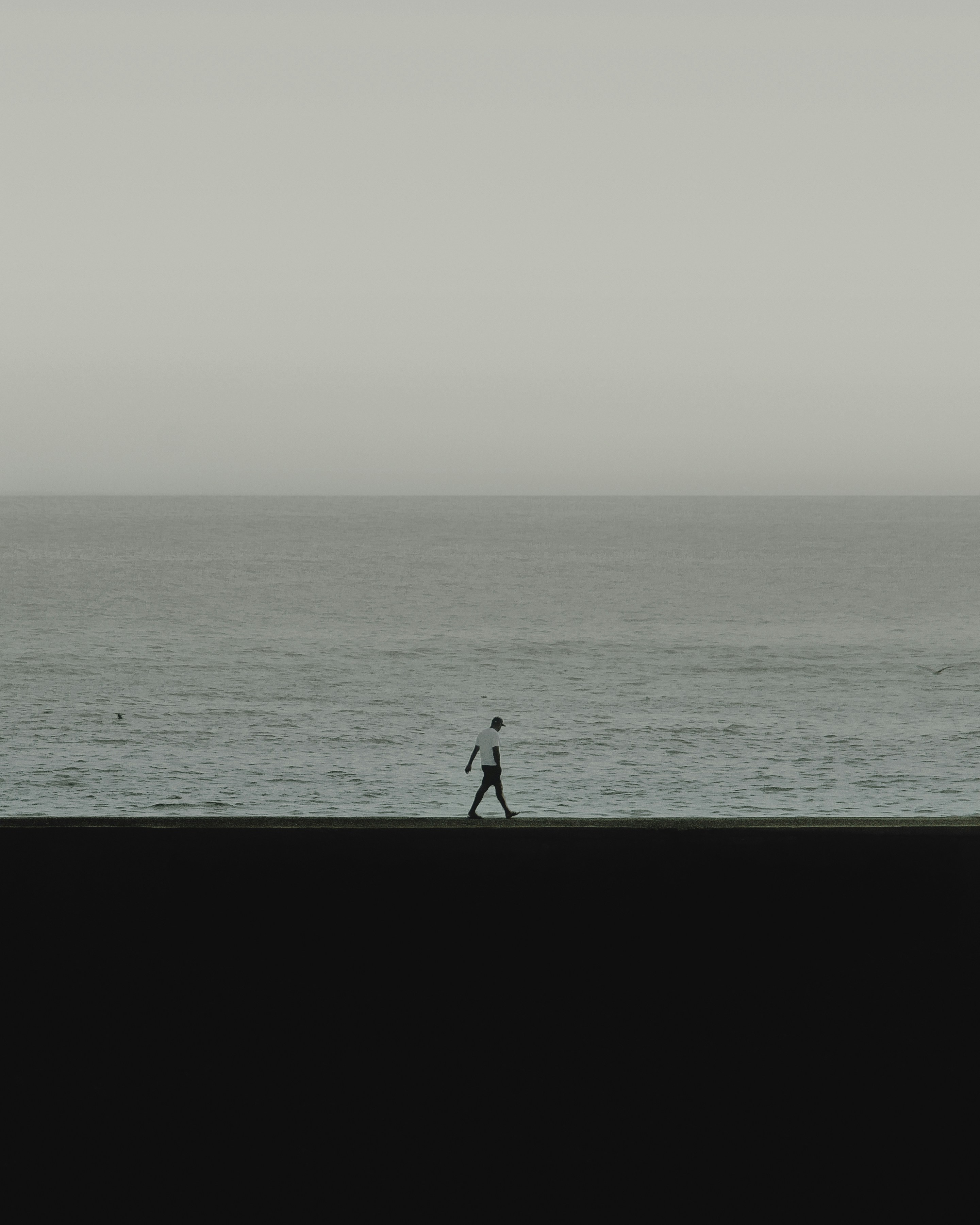 A lone figure walks along the ocean's edge.