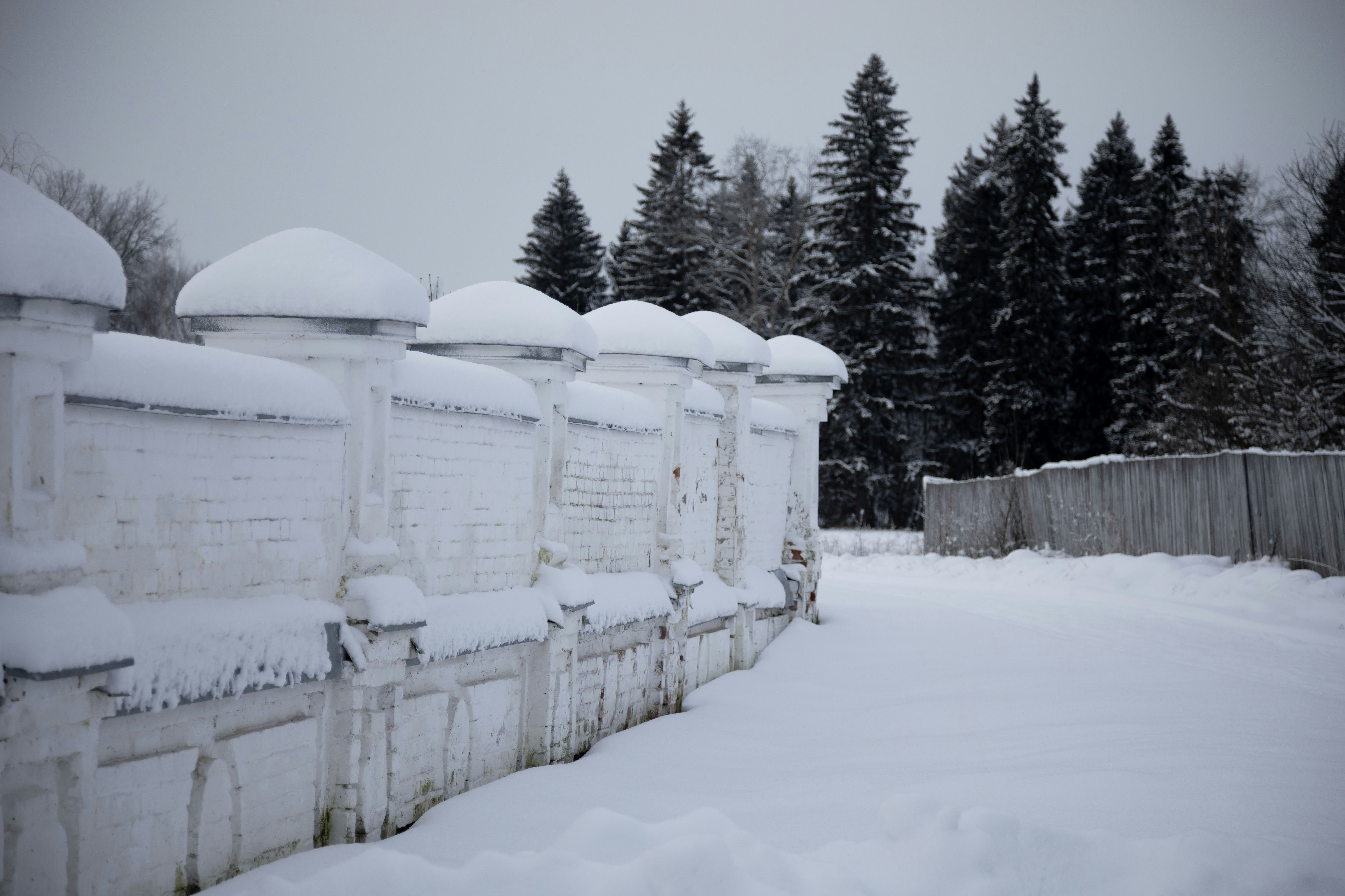 Snow-covered ornate wall with trees in background