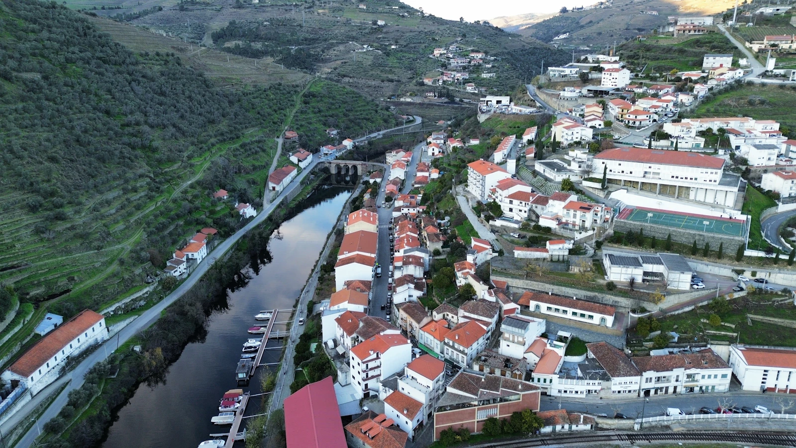 The Douro River winding through green hills near Pinhão, Portugal