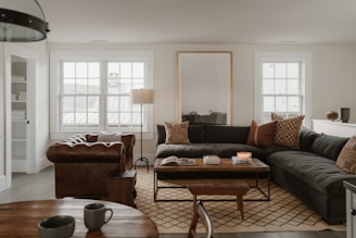 Cozy living room with sectional sofa and coffee table.