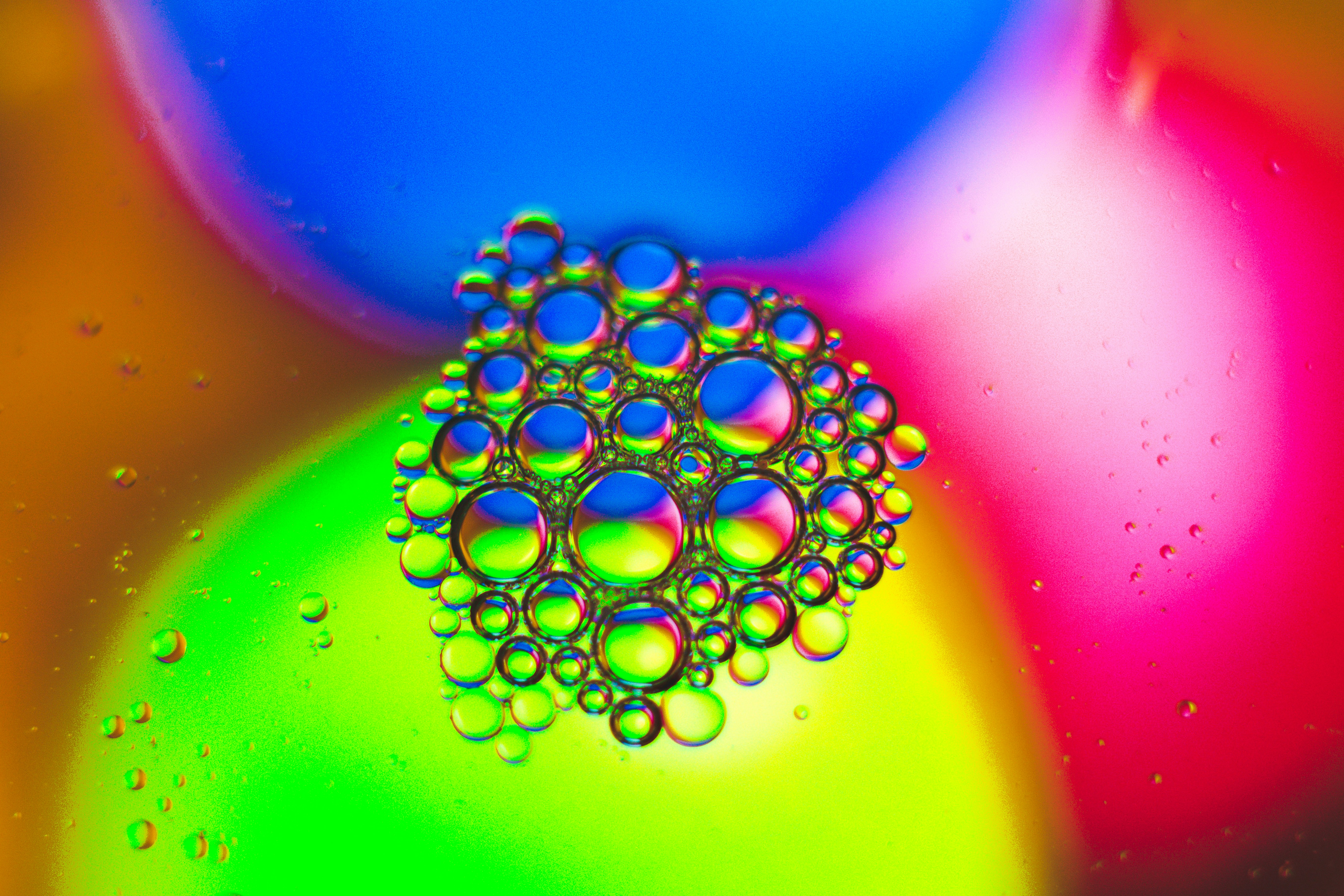 Colorful bubbles with rainbow reflections on blurred background